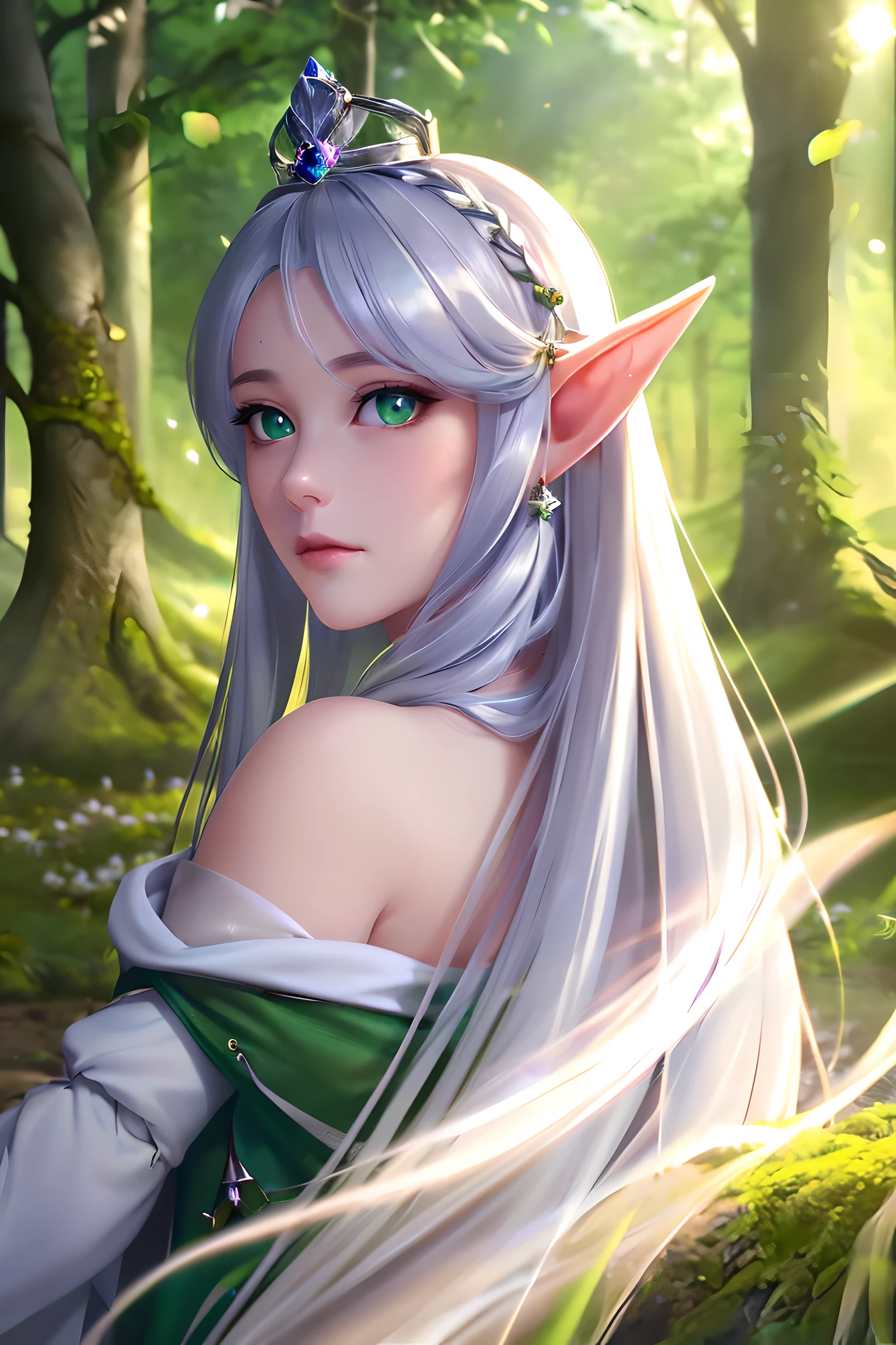 best quality, masterpiece, and its detailed Ultra HD CG unity Wallpaper, high resolution, 8k, Elf portrait, 1 Elf Girl, white princess long hair, Silver crown, beautiful clear green eyes, white beautiful face, detailed, Look back at the camera, alone, Quiet forest, moonlight, moss, trees, depth of field