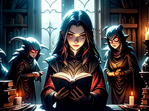 ((materpiece)), ((best quality)), ((cinematic lighting): 1.0), ((medium close-up): 1.0)A Witch, white hair, pale skin, red eyes, holding an open grimoire. ((Behind her, several demonic creatures peer at the book, preparing to leave their hellish prison): 1.2).