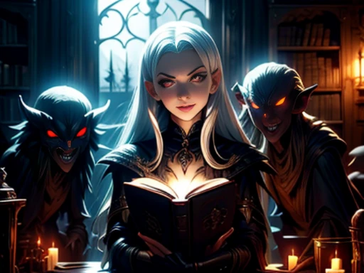 ((materpiece)), ((best quality)), ((cinematic lighting): 1.0), ((medium close-up): 1.0)A Witch, white hair, pale skin, red eyes, holding an open grimoire. ((Behind her, several demonic creatures peer at the book, preparing to leave their hellish prison): 1.2).