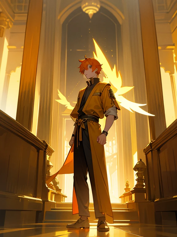 guy with orange hair, twenty-five year old guy, blue eyes, blank expression, full length, looking into the camera, the guy stands half-turned, in a temple with a high tower and golden columns, sharp lines, glowing yellow huge wings, world behind, glare in the foreground