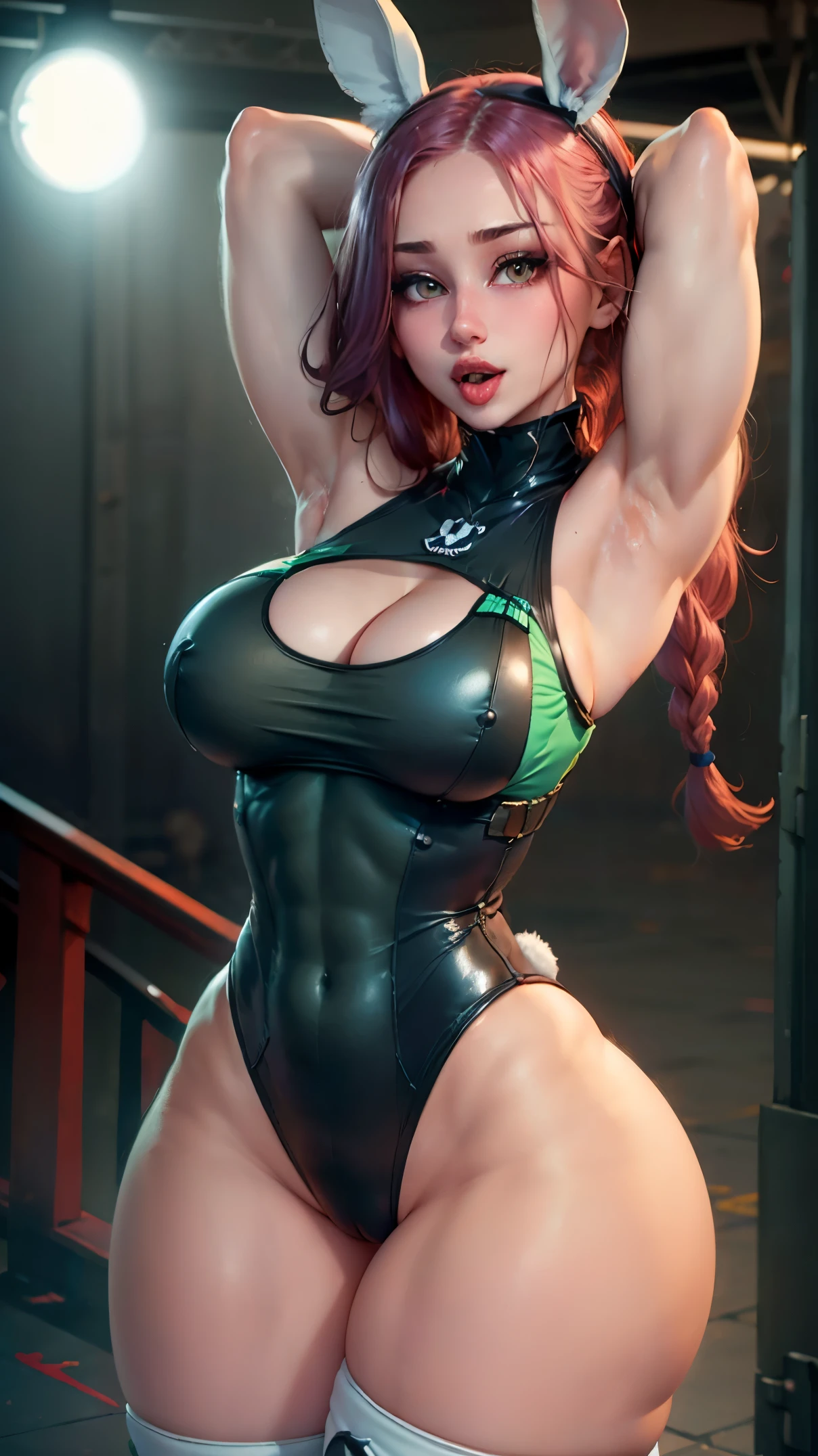 highres, realistic 1girl, (like Tatiana Badiu & sunnyrayyxo), (solo), (Mirko) in cammy_white_(cosplay), rabbit_girl, ((dark_skin)), red_eyes, ((white_hair)), very_long_hair, long_eyelashes, ((large_breasts)), (huge saggy breasts), curvy muscular, sexy body, stunning sexy, underbust, abs, covered_abs, curvy, ((thick_thighs)), thighs, (toned(, smile, teeth, upper_teeth_only, tongue, tongue_out (white_leotard), ((highleg, highleg_leotard, taut_leotard)), blue_gloves, blue_headwear, beret, hat, chest_strap, (thigh_strap), thigh_holster, holster, camouflage, bodypaint, gloves, ((sleeveless_turtleneck_leotard)), braid, twin_braids, low_twin_braids, ahoge, huge_ahoge, (looking_at_viewer, hands_up, rabbit_pose, armpits), bare_shoulders, ((ass_visible_through_thighs)) skindentation, rabbit_ears