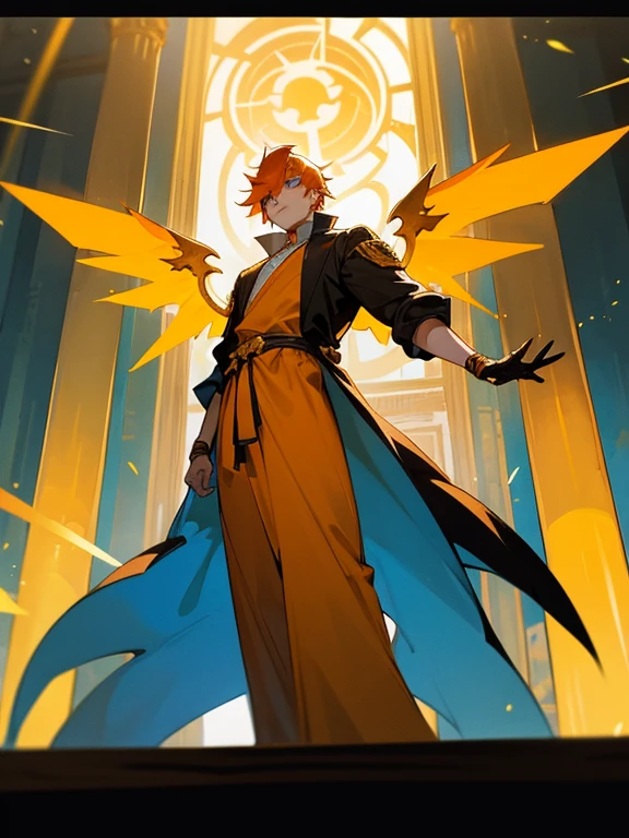 guy with orange hair, twenty-five year old guy, blue eyes, full length, looking into the camera, the guy stands half-turned, in a temple with a high tower and golden columns, sharp lines, glowing yellow huge wings, world behind, glare in the foreground