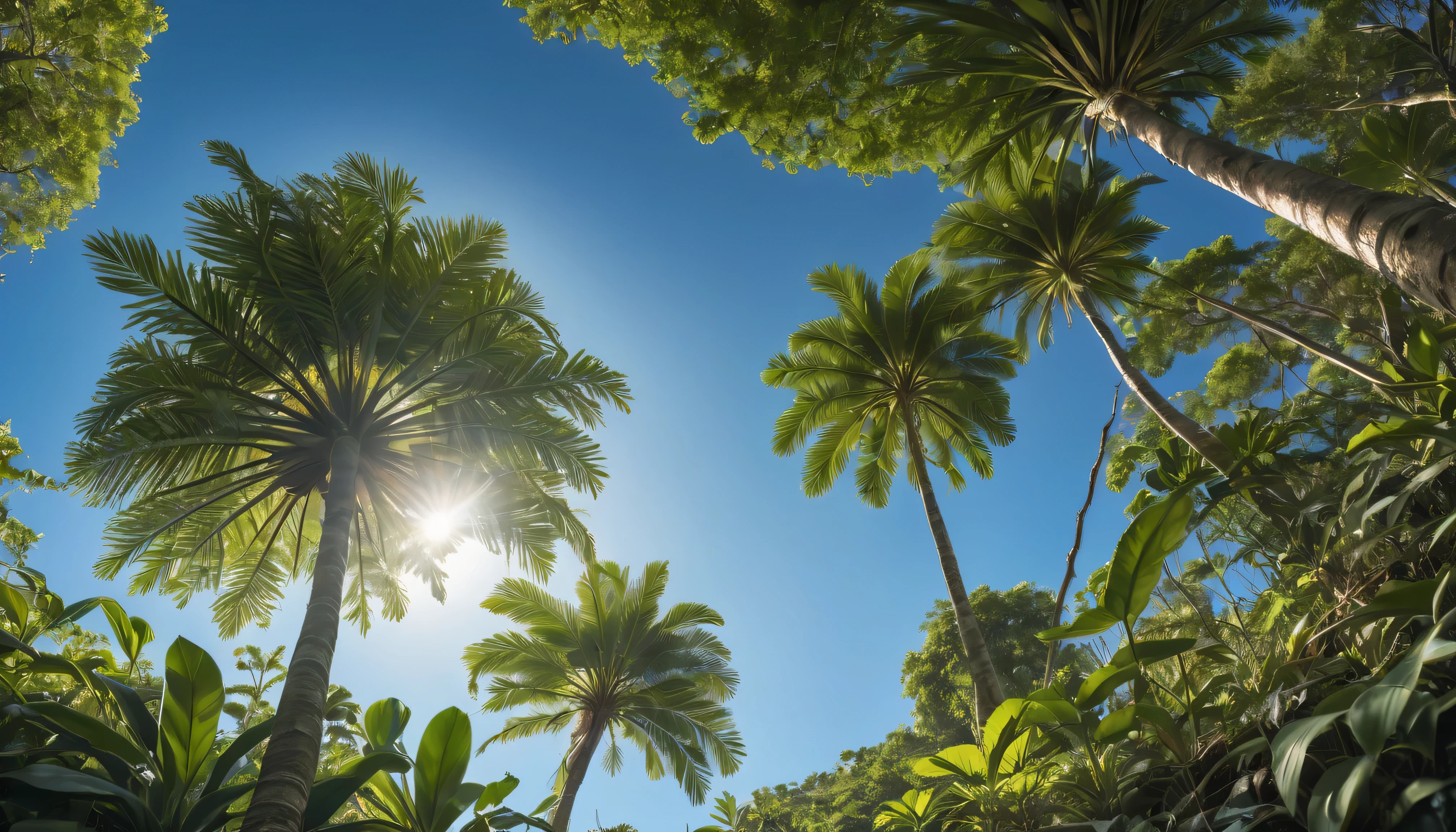 fondo selvatico en perspectiva, con plantas tropicales, sunny day with blue sky, camara inclinada 20 grados, Foto RAW, small details, fotorrealista, Foto ultrarrealista, 8k UHD, digital slr camera, Soft lighting, alta calidad, film grain, Fujifilm XT3