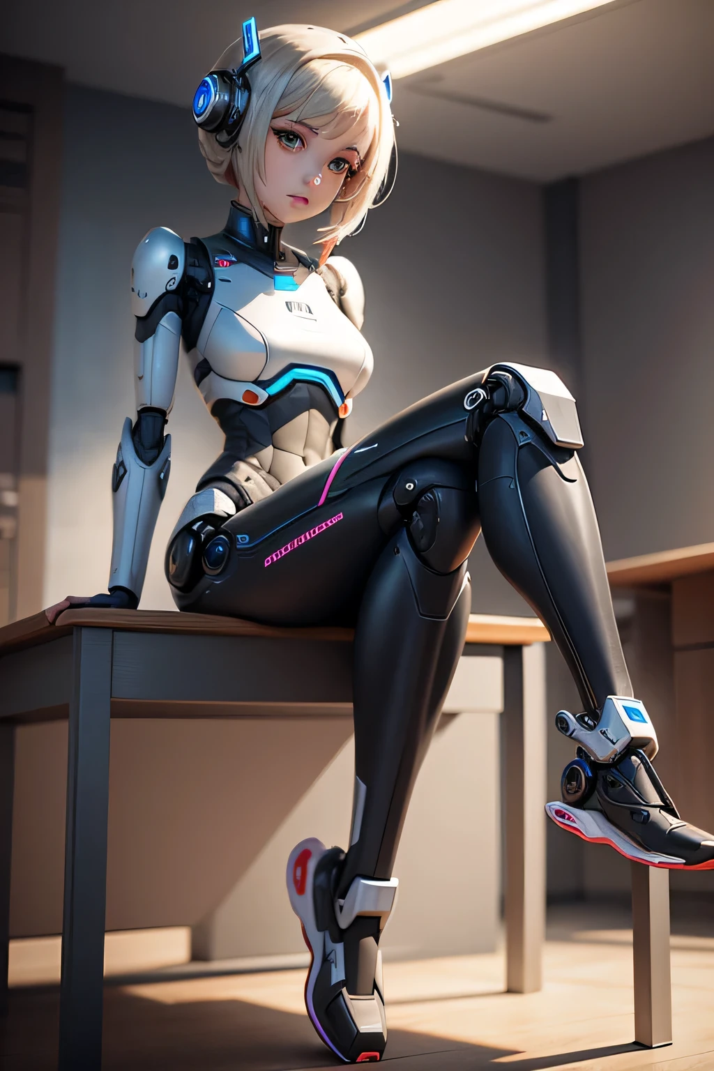 A female robot sits on a table with one leg stretched out in front of it.. soles visible Machine body