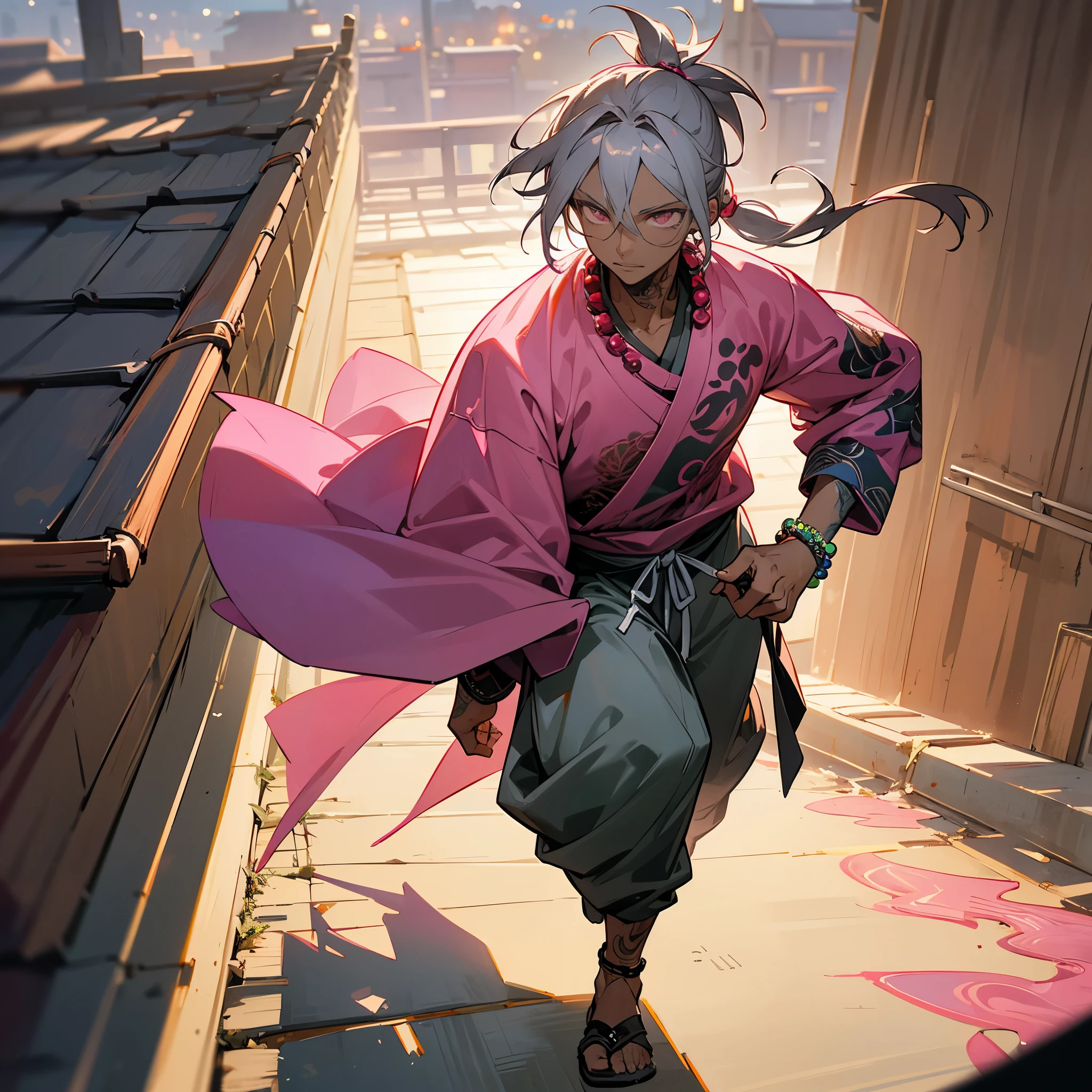 1male, young adult, dark skin, messy medium length grey hair in low ponytail, finely detailed bright pink eyes, walking down path, best light and shadows, loose long sleeve shirt, loose jogging pants, adventurous clothing, prayer bead bracelet, tattoos, up close view, night time fishing village, standing on roof