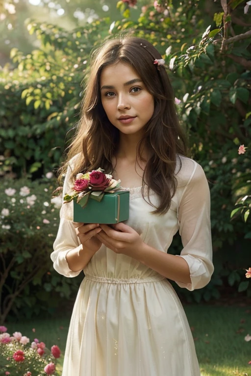 (high quality, detailed, realistic),girl,tan skin,brown hair, rose on their hair, ,she shows with their hands an eternal rose box gift, (physically-based rendering),vivid colors,soft lighting,romantic atmosphere,delicate facial features, (flowing dress),garden background,feminine charm, (ultra-detailed),beautiful eyes,long eyelashes,dewy lips, (medium:oil painting),fine brushstrokes,subtle textures,impressionistic style, (sunlight filtering through trees),colorful flowers,butterflies dancing around, (graceful posture),carefree smile,innocence shining through, (magical aura),timeless beauty,unfading love, [background:blurred],studio lighting,saturated colors, [hazy effect],dreamlike quality,ethereal ambiance, (masterpiece:1.2),impeccable craftsmanship,enchanting composition,poetic depiction, [golden hour],soft warm tones,gentle sunlight, (light breeze),rustling leaves,whispering secrets, (petals floating in the air),fragrance filling the scene,serenity and tranquility, [slight vignette],enhancing focus on the girl and the eternal rose, box on her hands (full bloom),capturing the essence of fleeting beauty.