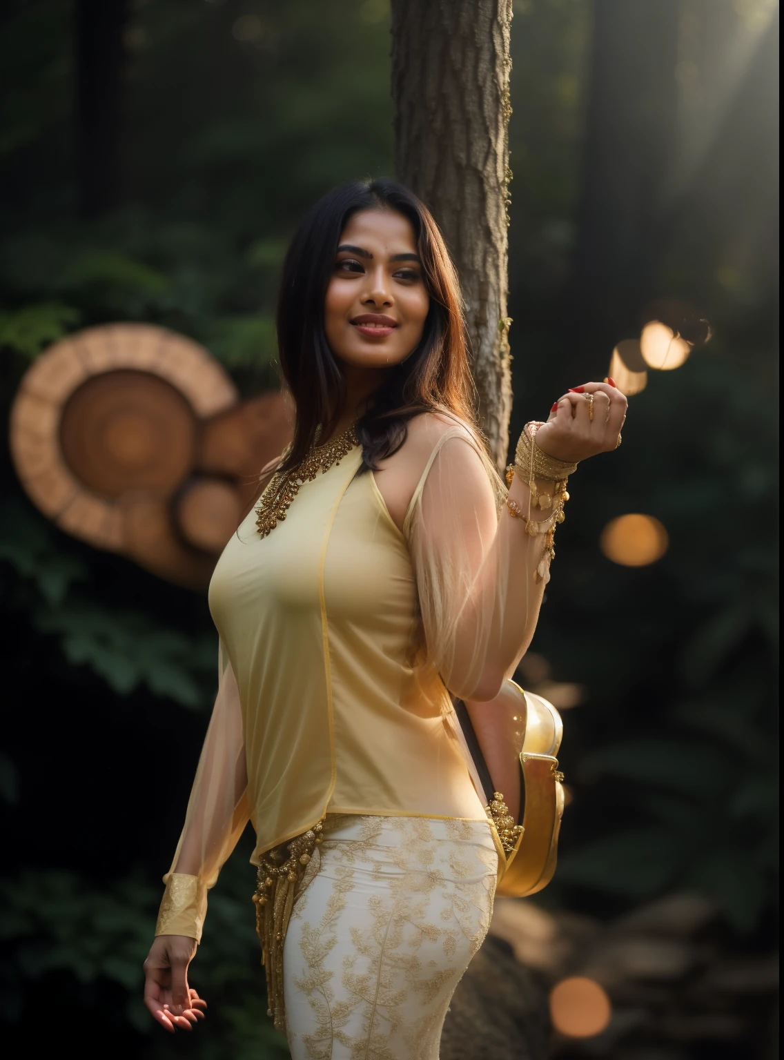 day scene, extreme close up photo of seductive indian model from top view wearing semi yellow top with big breast, big cheeks, red Hollywood lips, squatting near shrub in a garden, hourglass figure, armpitlue eyes:1), ponytail, necklace, 30 yo, look at viewer and smile,forest background (cinematic:1.3), intricate details, (ArtStation:1.2)