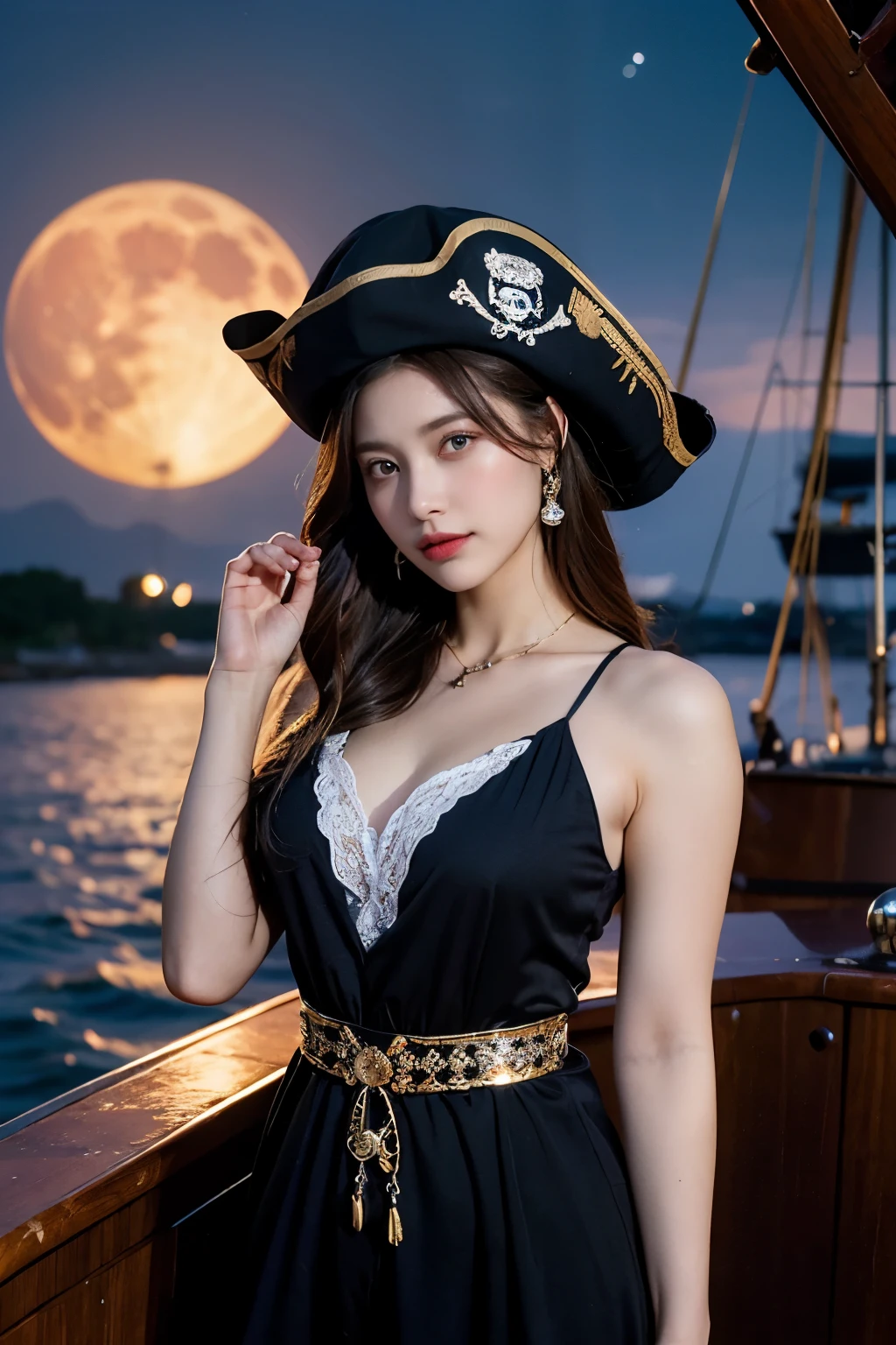 high quality, super realistic, pirate hat, a 20-year-old Pirate Maiden with a celestial beauty rivaling the stars, Picture her poised at the helm of a grand pirate ship, her silhouette defined against the shimmering night sky of a crimson moon, The vessel itself is a maritime masterpiece, adorned with intricate carvings, polished brass embellishments, and an array of mystical symbols, The Scarlet Moonlit Pirate dons a resplendent ensemble blending midnight blues with silvery hues, adorned with delicate lace and glistening gemstones, A star-like pendant gracefully hangs around her neck, emphasizing her bewitching aura, by yukisakura, high detailed,