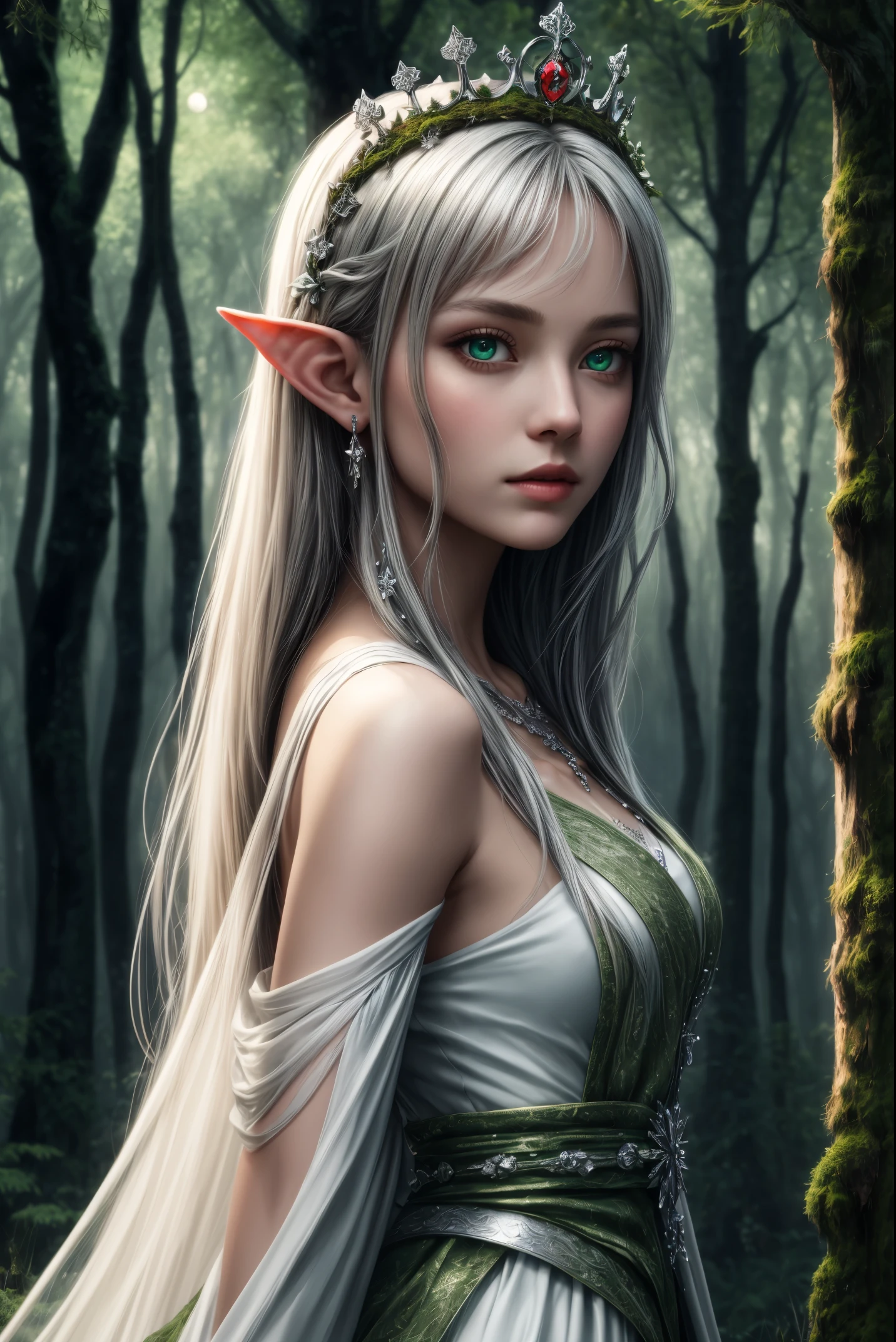 Best Quality, Masterpiece, and its Detailed Ultra HD CG unity Wallpaper, High Resolution, 8k, Elf Portrait, 1 Elf Girl, White Princess Long Hair, Silver Crown, Beautiful Clear Green Eyes, White Beautiful Face, Detailed, Looking Back at the Camera, Solo, Quiet Forest, Moonlight, Moss, Trees, Depth of Field