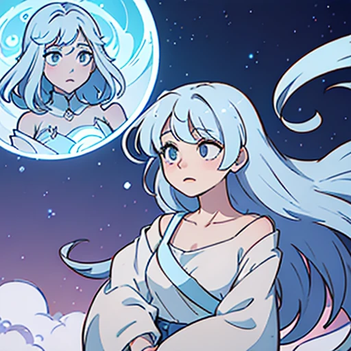 ((masterpiece)), ((highest quality)), (ethereal and dreamlike), moon and clouds, cinematic lighting,
(Illustrate the profound connection and silent understanding between two characters, Blue and Beige, in a dreamlike setting. Blue, with her white/blueish white hair, exudes a comforting presence reminiscent of clouds and the sea. Beige, with brown hair, possesses a striking yet understanding and uniquely mesmerizing big sister vibe. Capture the interplay of vibes and emotions between these characters, emphasizing their ethereal qualities. Craft a celestial dreamscape as the background, enhancing the characters' connection with celestial and ethereal elements. Envelop the scene in a mesmerizing blend of dreamlike hues and textures, creating a visual representation that evokes the subtle energy and unspoken harmony between Blue and Beige.)