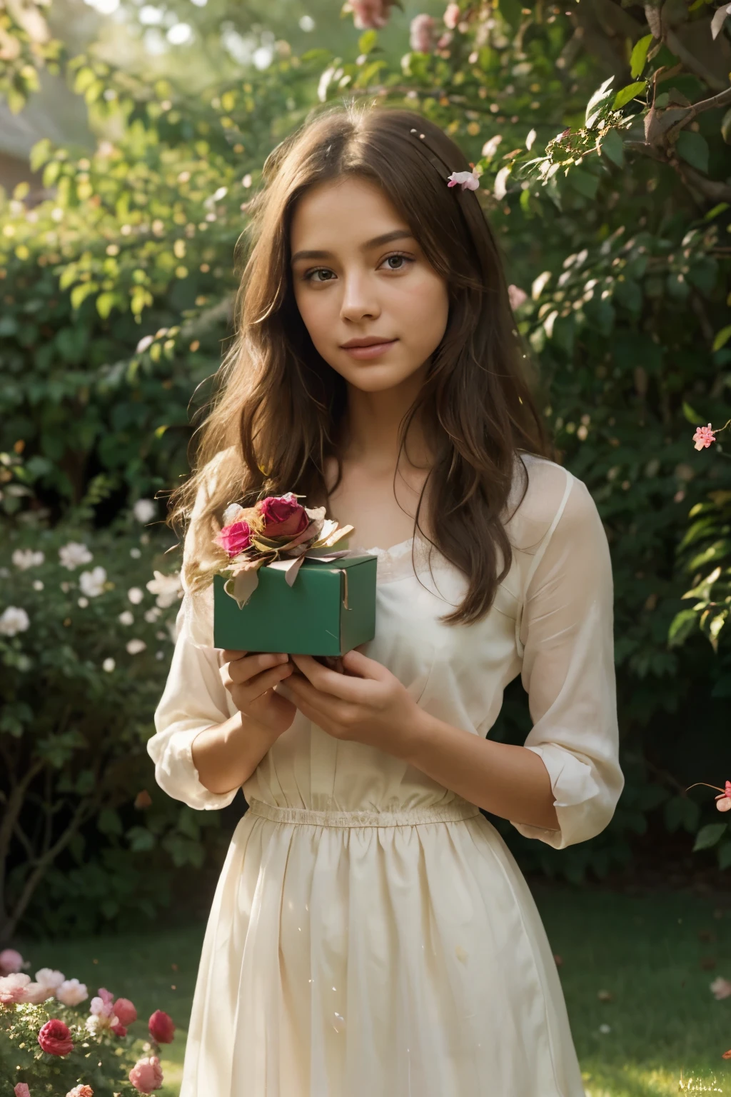 (high quality, detailed, realistic),girl,tan skin,brown hair, rose on their hair, ,she shows with their hands a box gift, (physically-based rendering),vivid colors,soft lighting,romantic atmosphere,delicate facial features, (flowing dress),garden background,feminine charm, (ultra-detailed),beautiful eyes,long eyelashes,dewy lips, (medium:oil painting),fine brushstrokes,subtle textures,impressionistic style, (sunlight filtering through trees),colorful flowers,butterflies dancing around, (graceful posture),carefree smile,innocence shining through, (magical aura),timeless beauty,unfading love, [background:blurred],studio lighting,saturated colors, [hazy effect],dreamlike quality,ethereal ambiance, (masterpiece:1.2),impeccable craftsmanship,enchanting composition,poetic depiction, [golden hour],soft warm tones,gentle sunlight, (light breeze),rustling leaves,whispering secrets, (petals floating in the air),fragrance filling the scene,serenity and tranquility, [slight vignette],enhancing focus on the girl and the eternal rose, box on her hands (full bloom),capturing the essence of fleeting beauty.