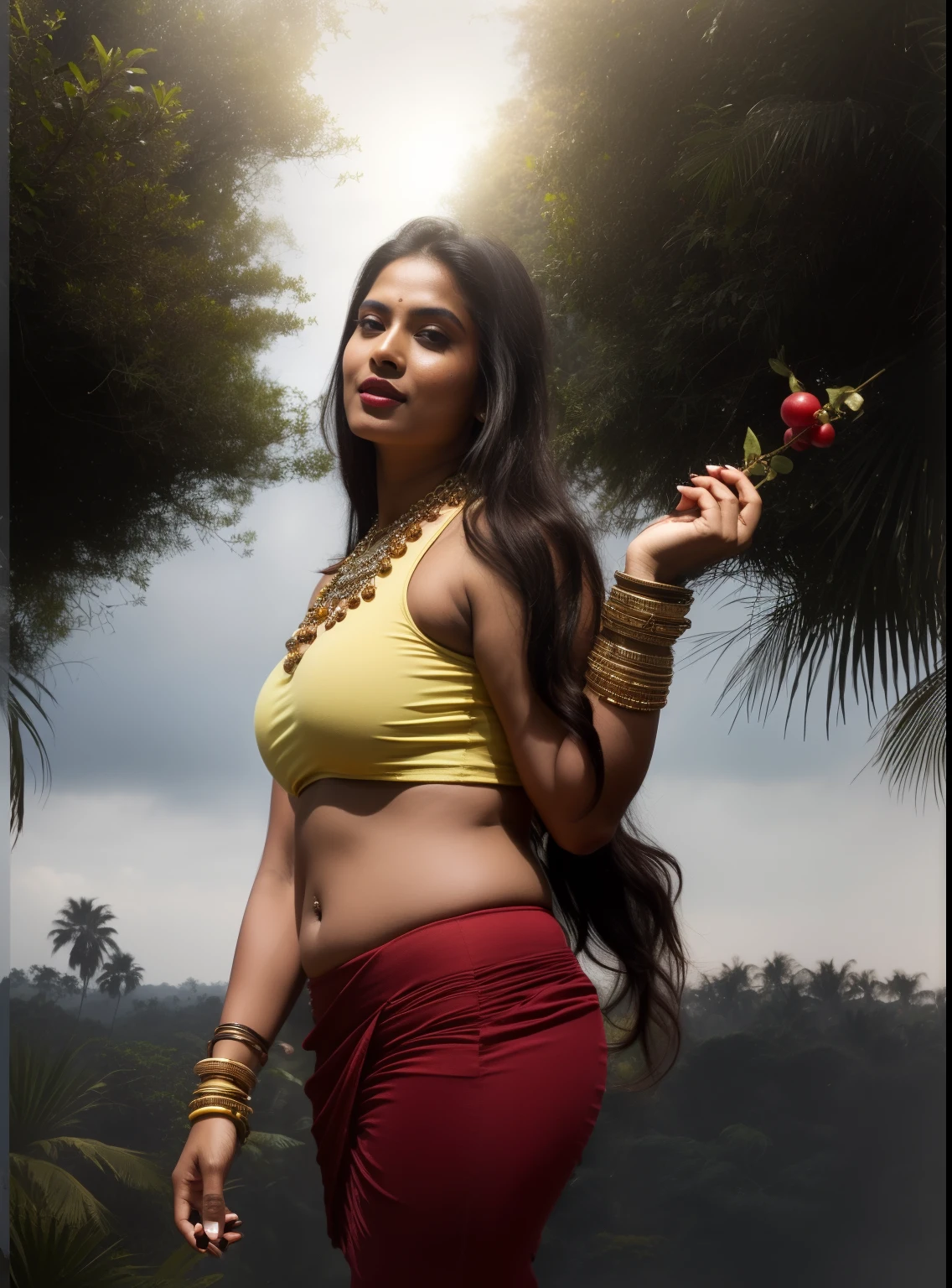 day scene, extreme close up photo of seductive indian model from top view wearing semi yellow top with big breast, big cheeks, red Hollywood lips, squatting near shrub in a garden, hourglass figure, armpitlue eyes:1), ponytail, necklace, 30 yo, look at viewer and smile,forest background (cinematic:1.3), intricate details, (ArtStation:1.2)