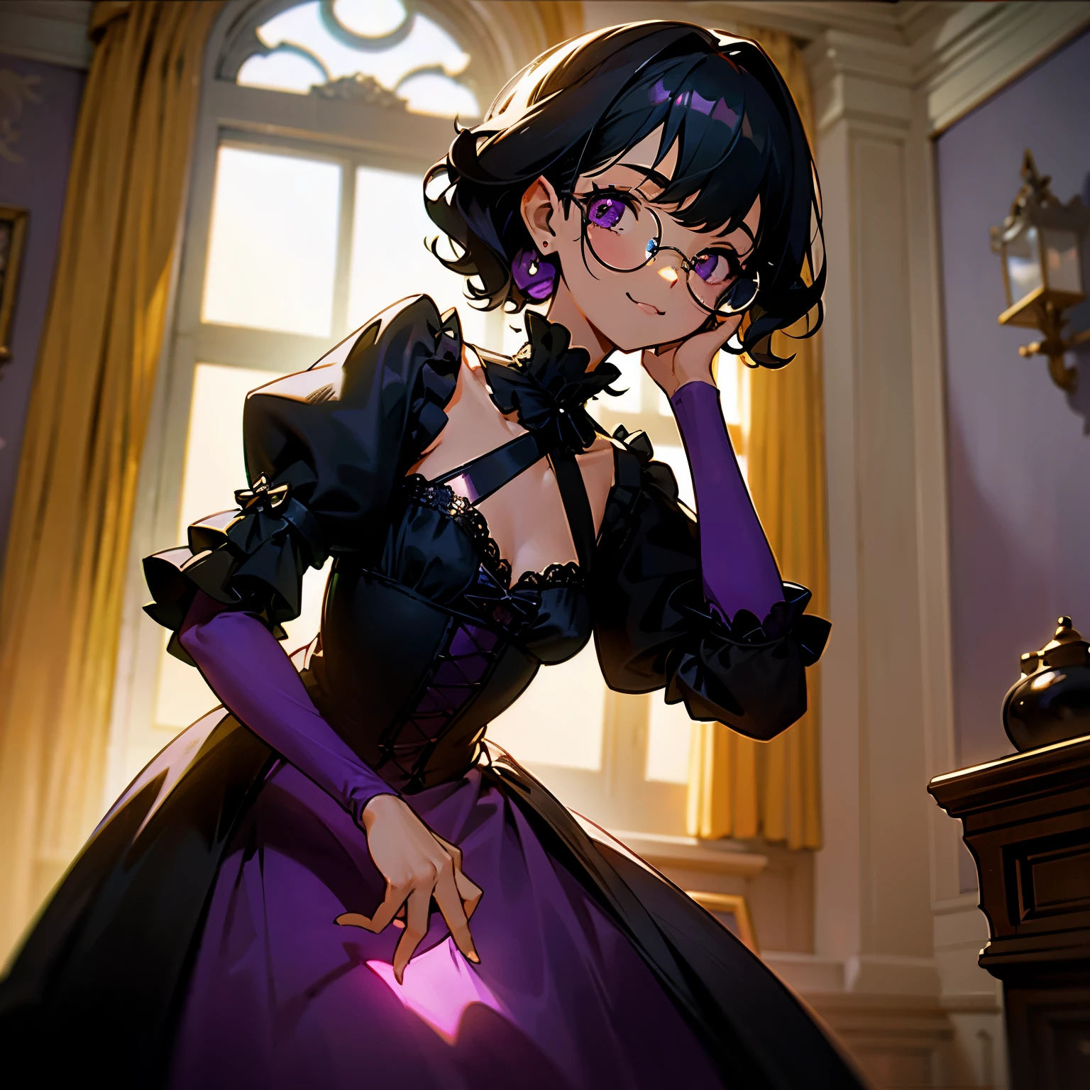 small girl, black curly hair, glowing violet eyes, mole under the eye, slightly tanned skin, Large round glasses, chic black and purple dress, Victorian style of clothing, calm expression on his face, mouth closed, cheeky smile, Squinted gaze, mansion, A Room in a Mansion, Window in the background, light streaming from the window, Sundown, soft-lighting.