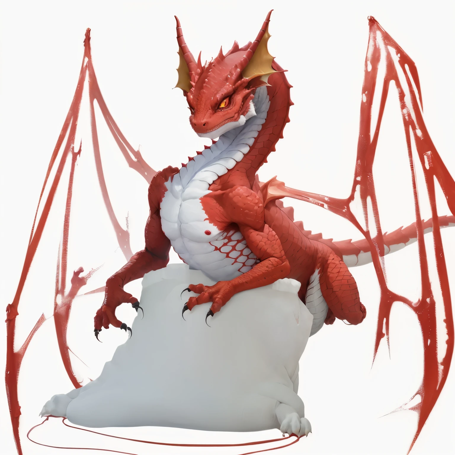 Drawing of a red and white pot-bellied cat, human lizard, anthro gecko, Detailed but rough, He has red scales on his back, threatening posture, dragon body, cursory, Digestive Dragon, young male human dragon, bad posture, dragon with scars, powerful posing, Full body dragon concept, But as an anthropomorphic dragon,have wings