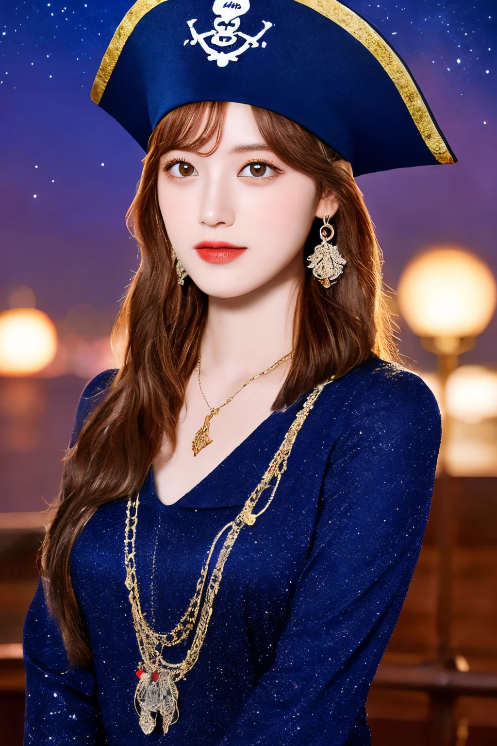 high quality, super realistic, pirate hat, a 20-year-old Pirate Maiden with a celestial beauty rivaling the stars, Picture her poised at the helm of a grand pirate ship, her silhouette defined against the shimmering night sky of a crimson moon, The vessel itself is a maritime masterpiece, adorned with intricate carvings, polished brass embellishments, and an array of mystical symbols, The Scarlet Moonlit Pirate dons a resplendent ensemble blending midnight blues with silvery hues, adorned with delicate lace and glistening gemstones, A star-like pendant gracefully hangs around her neck, emphasizing her bewitching aura, by yukisakura, high detailed,