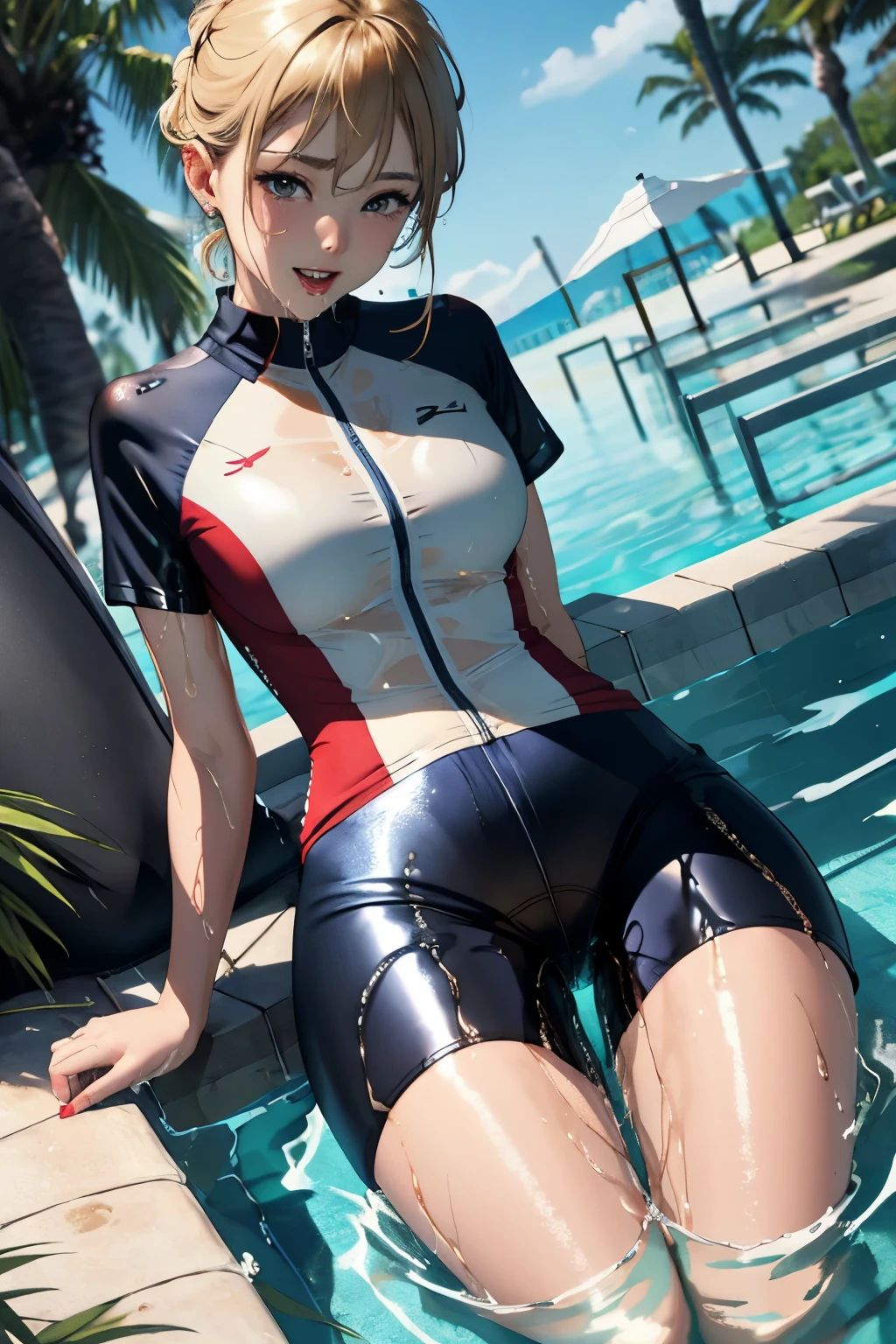 highres, beautiful women, tanned gyaru, blonde hair, high detail, good lighting, lewd, hentai, (((shiny wet spandex short-sleeved cycling suit))), ((wet clothes)), ((soaking wet)), ((wetlook)), (bare thighs), (((wetting herself))), (((peeing herself))), (((peeing self))), pee streaming down legs, peeing stain, (puddle), (thick thighs), nice long legs, lipstick, detailed face, pretty face, seductive face, aroused, sexually excited, ((in water bathing))