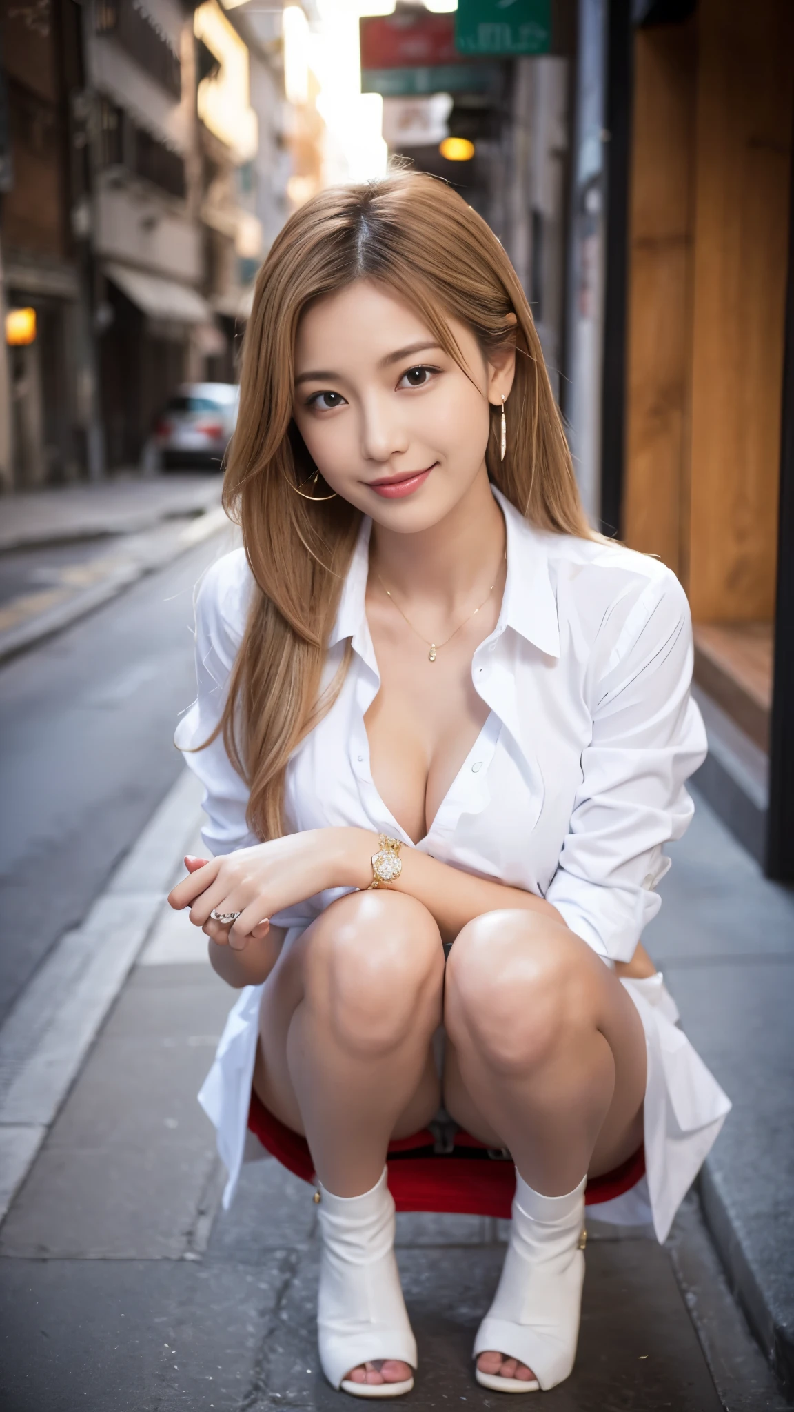 (highest quality, pieces fly, realistic photo, Super detailed, ultra high resolution, born:1.3), (1 female, beautiful japanese actress, 25 years old),  (shy smile), detailed face，Fancy makeup with red eyeshadow，big ring earrings，light blonde delicate mid cut hair，The ends of the hair are wavy，elegant hairstyle，fine eyes, Actress with slender figure，small breasts,  white shirt，(mini skirt)，white panties，