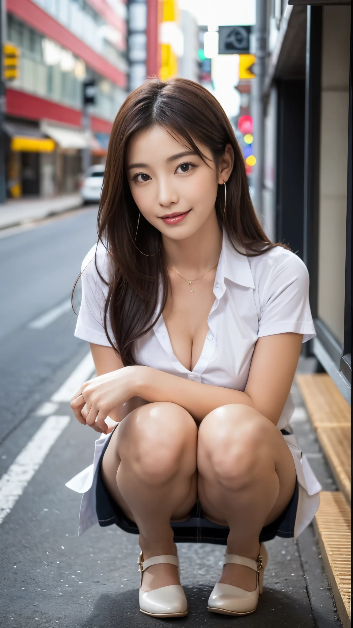 (highest quality, pieces fly, realistic photo, Super detailed, ultra high resolution, born:1.3), (1 female, beautiful japanese actress, 25 years old), (shy smile), detailed face,Fancy makeup with red eyeshadow,big ring earrings,light blonde delicate mid cut hair,The ends of the hair are wavy,elegant hairstyle,fine eyes, Actress with slender figure,small breasts, white shirt,(mini skirt),white panties,