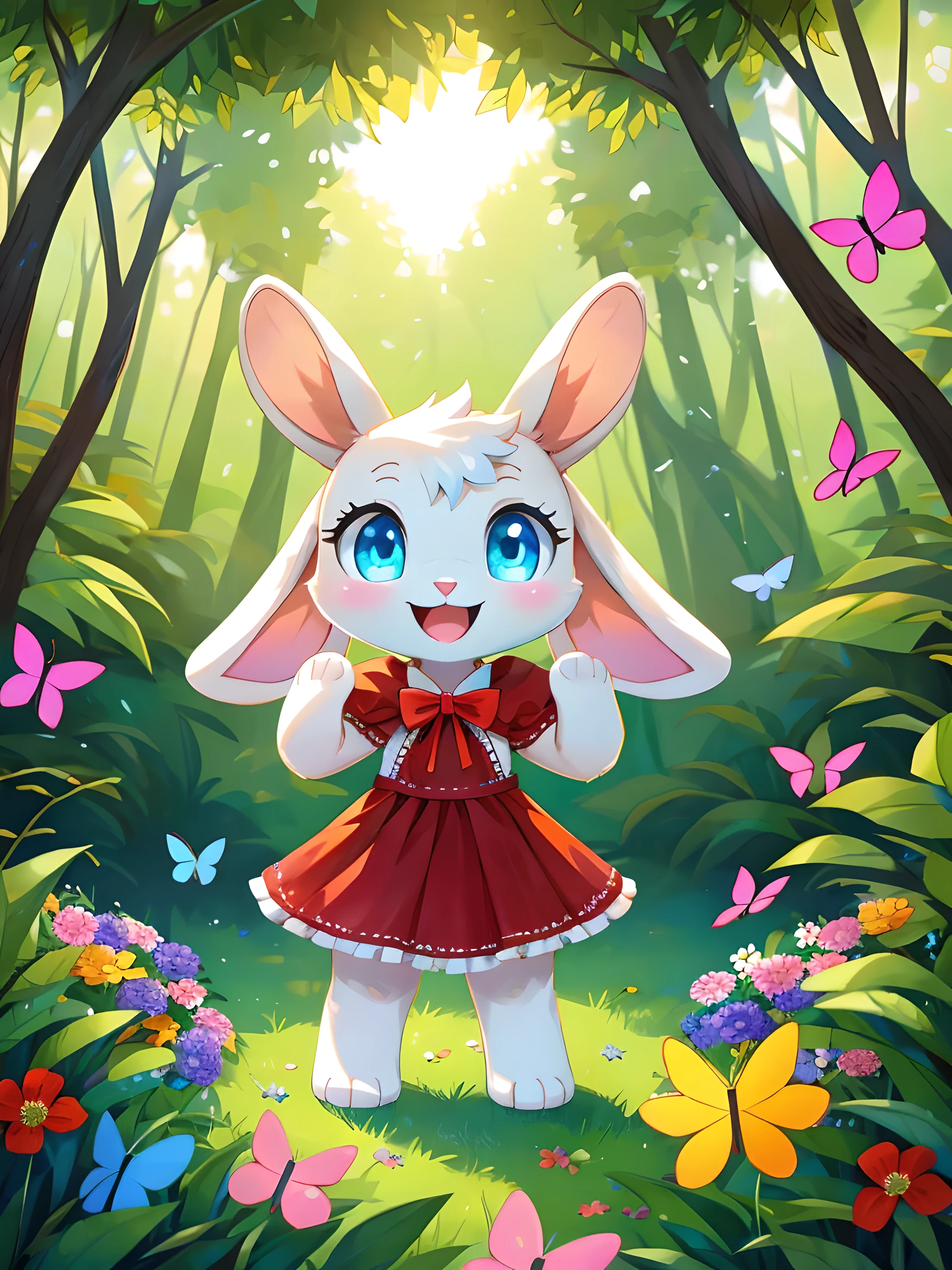 zoomed out image, cute style art, fantasy style art, cute, adorable, short character, small, tiny little fluffy female white bunny with blue eyes, 4 ears, 2 extra ears, big floppy ears, long ears, ears perked up, raised ears, long eyelashes, poofy rabbit tail, wearing a red frilly ribbon dress, smiling, standing in a colorful fantasy forest, soft tones, big expressive smile, open mouth, wide eyes, excited eyes, excited face, stunning visuals, sunlight coming through the trees, flowers scattered in the bushes, butterflies in the air, digital illustration