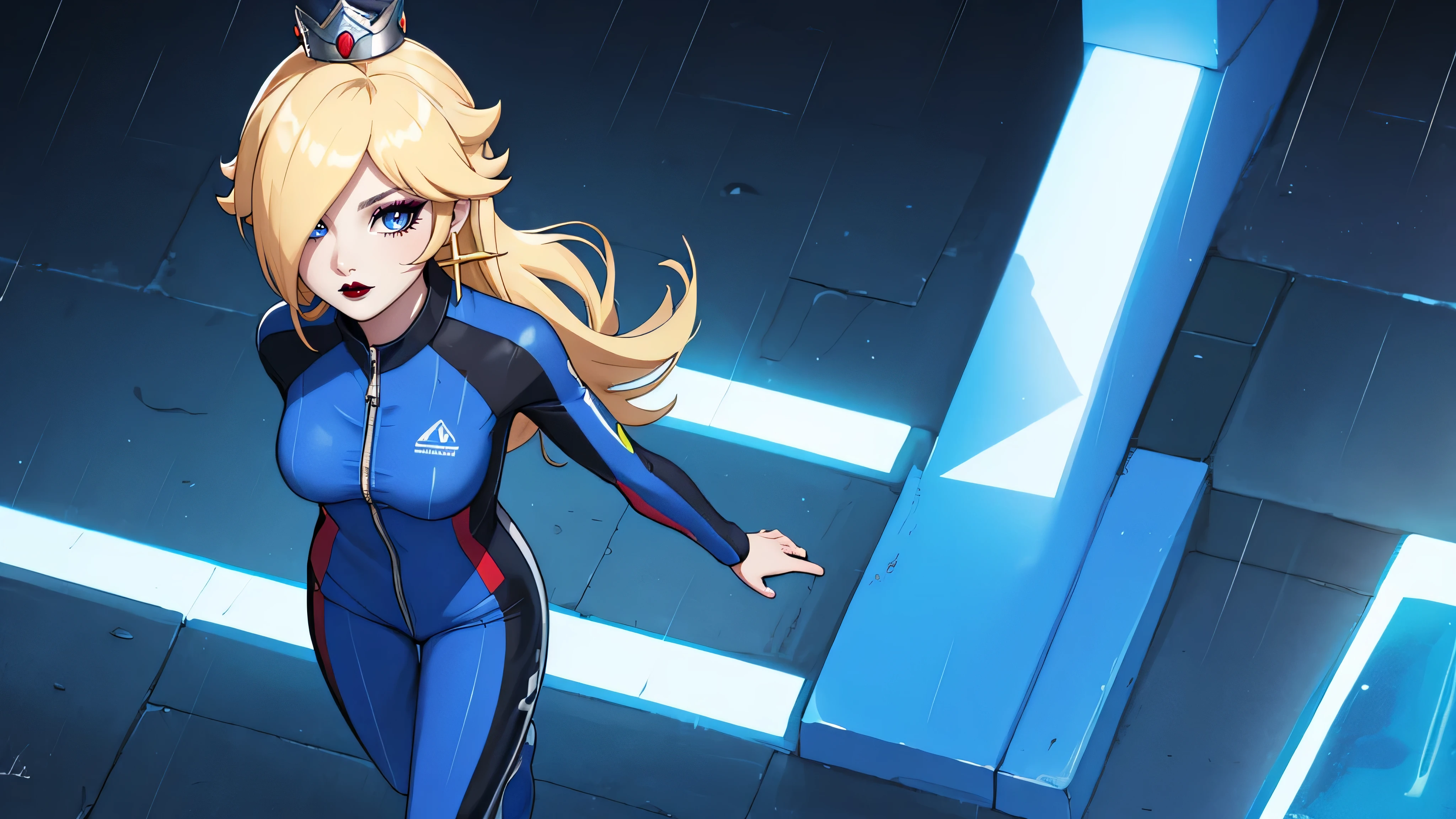 ((high detailed, best quality, 4k, masterpiece, hd:1.3)), BREAK night, moonlight, landscape, it's raining, raining, a full-length shot of Rosalina standing posing under the rain, BREAK neon blue eyes, seductive, attractive, sexy smile, smiling, smooth anime cg art, 36C breasts, (long fitness legs), vivid colors, detailed digital art, slim body, perfect skin, wet blonde hair, wet long hair, wet hair, BREAK crown, BREAK looking at viewer, extremely detailed face, (blue jumpsuit), (Jumpsuit:1.5), (blue racing suit), (racing suit:1.5), (blue high heels), full body, earrings, gem, dark gothic eyeshadows, dark eyeshadows, black eyeshadows, black_sexy_lips, black lips, dark lips, gothic painted lips, dark_red_lips, very dark lips, red_painted_lips, (very thin lips), thin lips, detailed lips, (dark:1.2), (perfect hands, perfect anatomy), black makeup, detailed fingers, five fingers per hand, 5 fingers, (1 girl), (solo:1.3), (from above:1.3), (hands on waist:1.3),