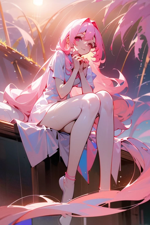 (Masterpiece: 1.5, better quality, high resolution: 1.3, super resolution, super detailed, ultra detailed: 1.3, Rico background: 1.2, 1 woman)) Pale skin + pink hair + very long hair + pink eyes + long eyelashes + tabs + Abundant hair + separate bangs, visible front + female body + medium chest + medium hips + beautiful legs + toned body + blush on the cheeks (your long and pink hair covers your entire chest, it is naked, its intimate parts are not visible) ( (He smiles, sitting with cunches, pillows around him, solar lighting, attractive appearance)