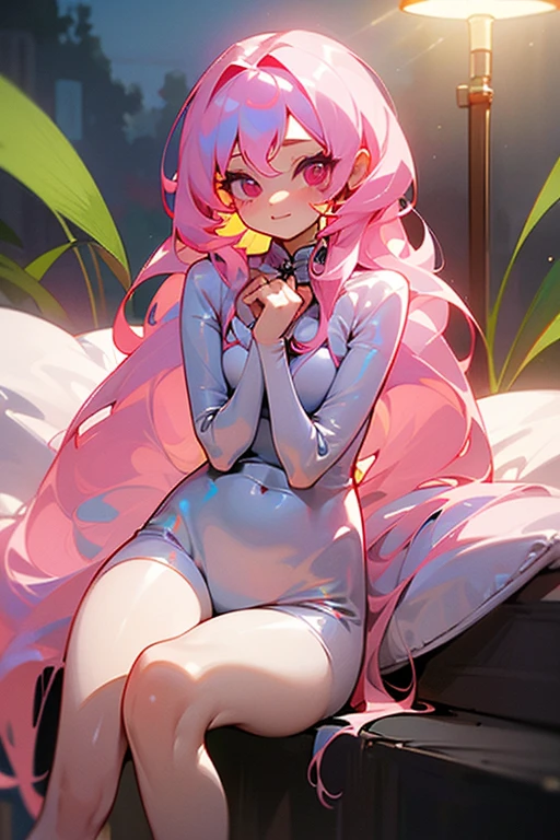 (Masterpiece: 1.5, best quality, high resolution: 1.3, super resolution, super detailed, ultra detailed: 1.3, rich background: 1.2, 1 woman)) pale skin + pink hair + very long hair + pink eyes + long eyelashes + abundant hair + separated bangs, visible forehead + feminine body + medium chest + medium hips + pretty legs + toned body + blush on the cheeks (Her long, pink hair covers her entire chest, she is naked, no clothes, her private parts are NOT visible, her hair is as long as Rapunzel's) ((Smiles, sitting on her haunches, pillows around her, solar lighting, attractive appearance)