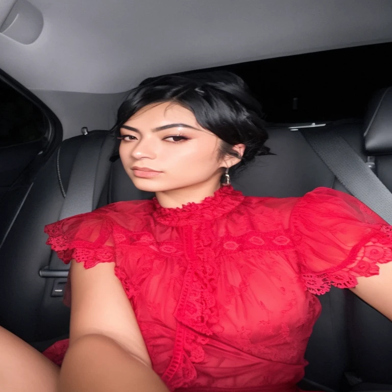 there is a woman sitting in the back seat of a car, gema chan, gema chan beautiful girl, Zendaya, female camila mendes, Violeta Myers, Morena Baccarina, taken at the beginning of 2020, imagem de qualidade muito baixa, Julia Sardenha, renda vermelha, lorde, gema chan girl portrait, vestindo uma roupa vermelha, charli xcx, cabelo curto, cabelo corte pixie, cabelo pequeno