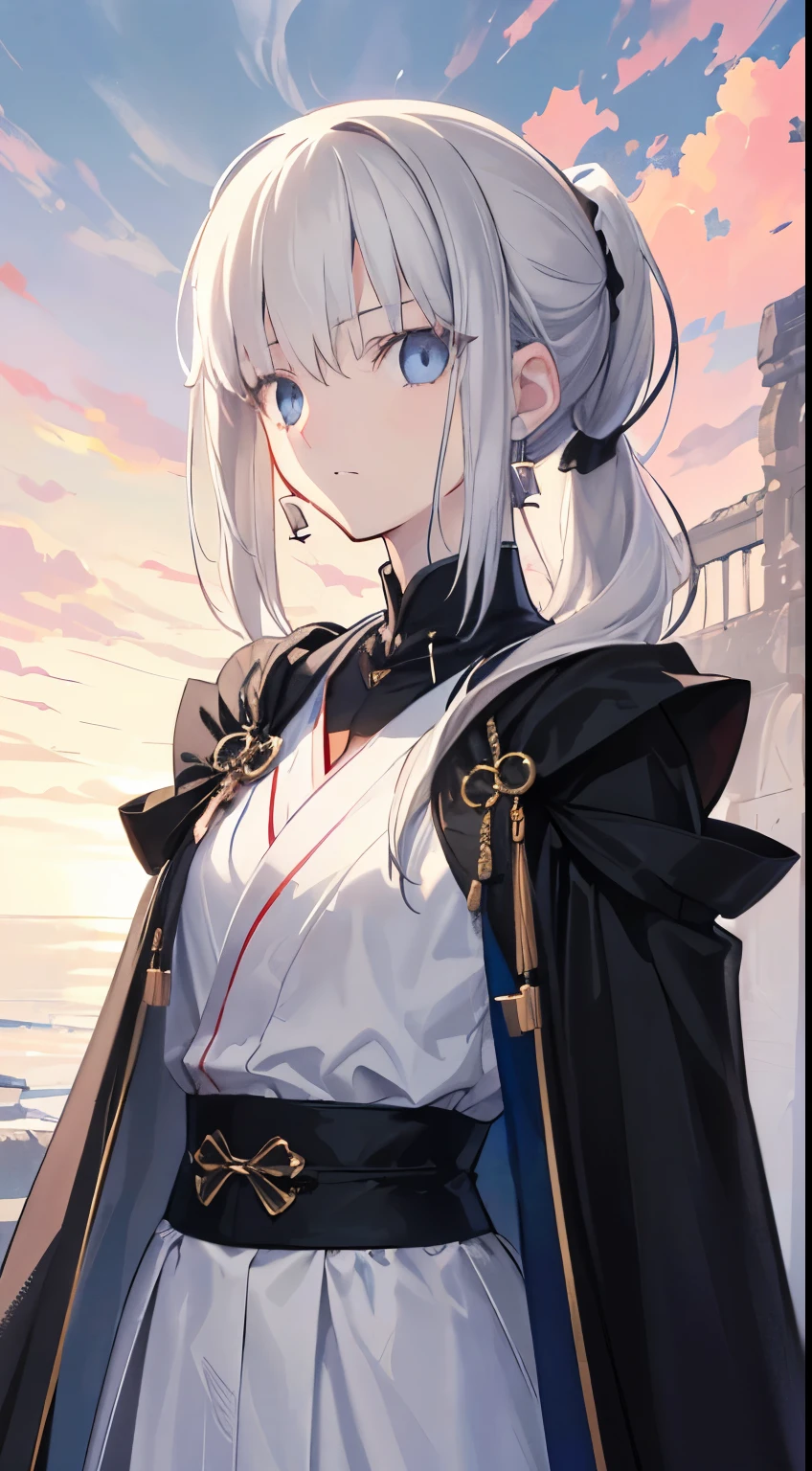 ((Suspicious man&#39;s daughter))、big empty blue eyes,  petite and slender,   ((gray hair,)),(low ponytail hair), In 8K, top quality, (highly detailed head: 1.0), (very detailed face: 1.0), (highly detailed hair: 1.0),((flashy black magic robe))、 black earrings, Detailed official artwork,  clean detailed anime art,sex appeal, cool look