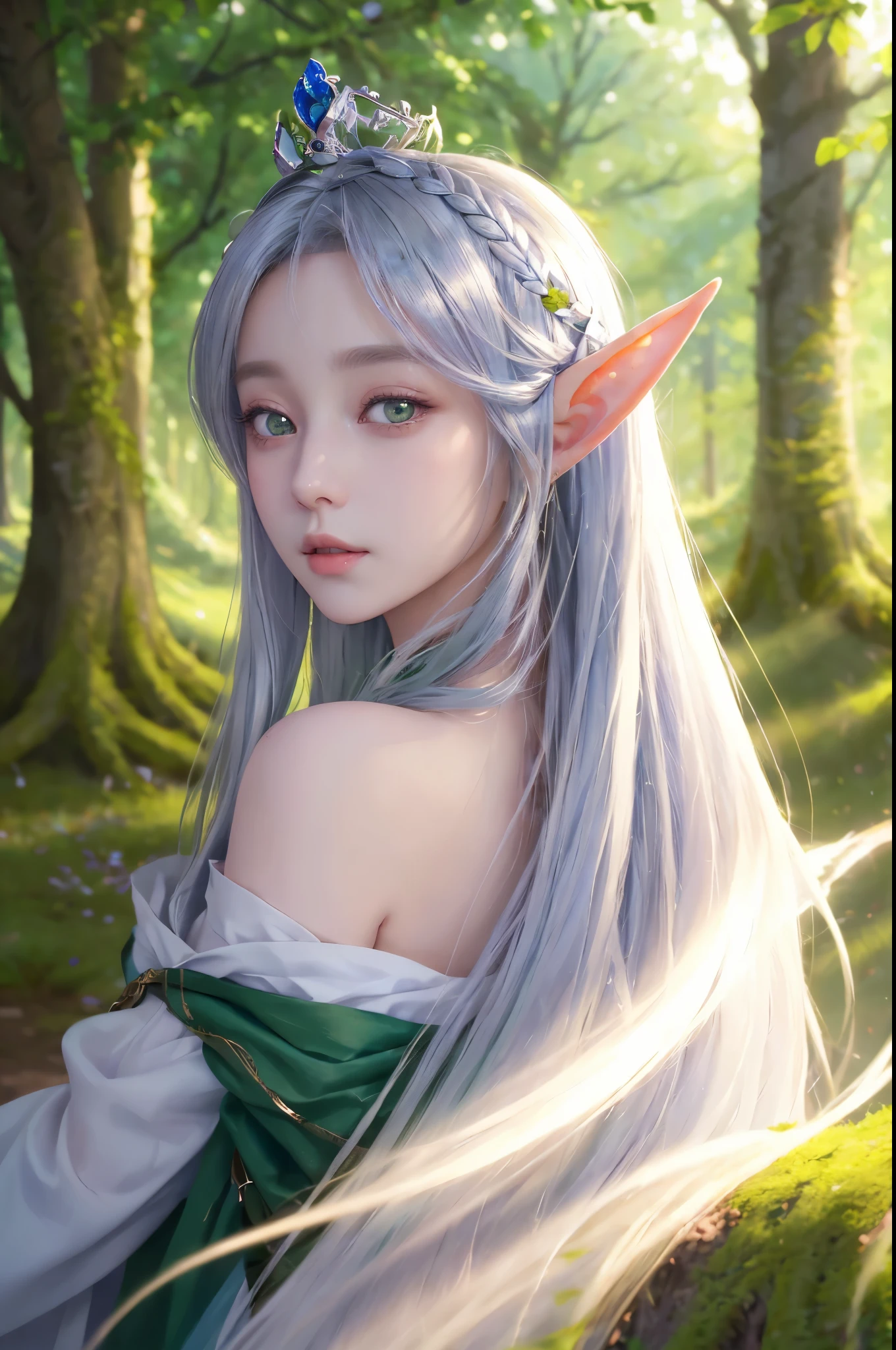 Best quality, masterpiece, and its detailed Ultra HD CG unity wallpaper, high resolution, 8k, elf portrait, 1 Elf girl, white princess with long hair, silver crown on her head, beautiful clear green eyes, fair and beautiful face, detailed, solo, quiet, trees, depth of field