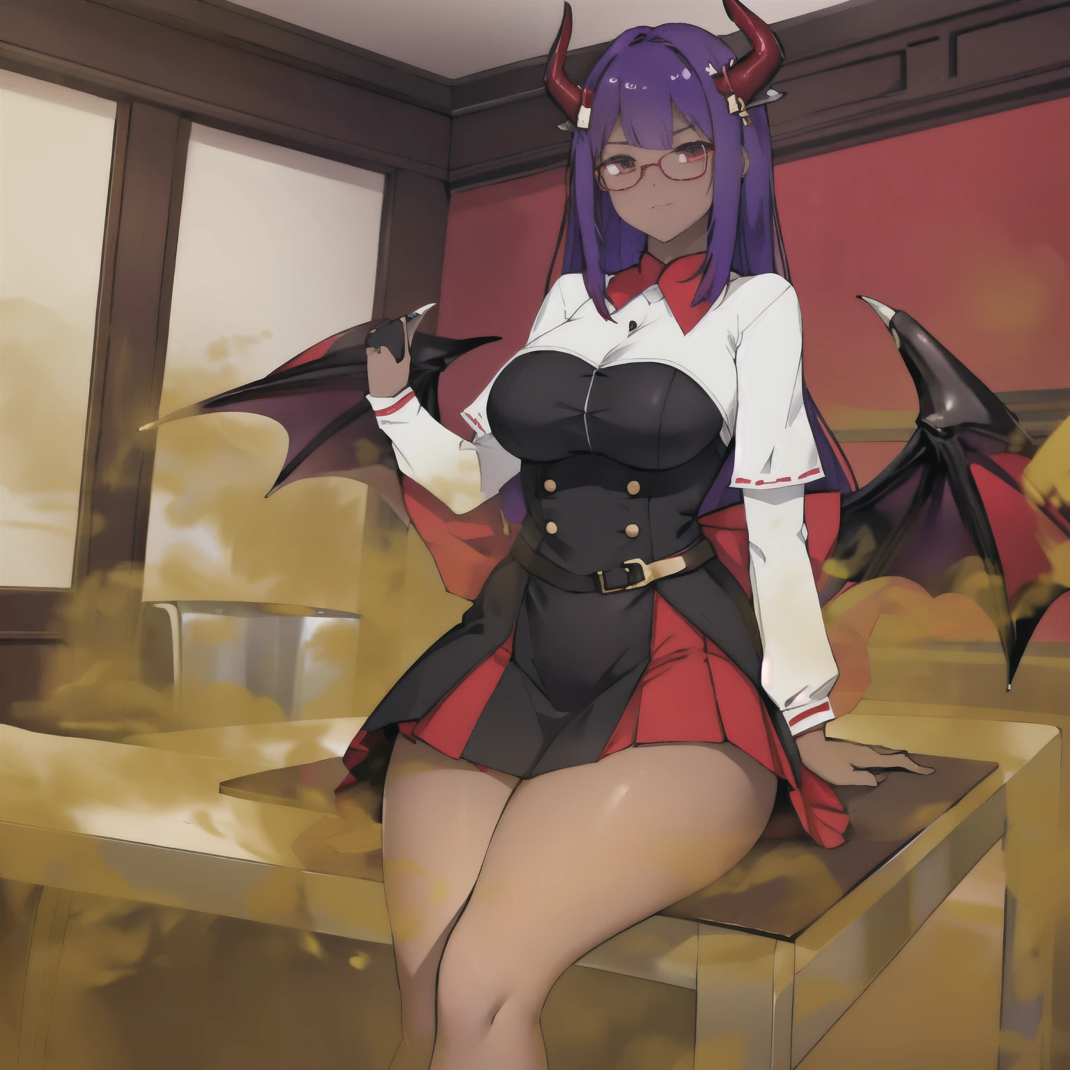 red horn, (black skin), purple hair, (highest quality, masterpiece), sitting, looking at the viewer, hands on the table, Previous table, back side of office, 1 female, neckline, mini skirt, white shirt, big breasts, big thighs, black skin, Glasses, short, black skin, alone,, Are standing, Libra, dark red dragon horn, dark red dragon tail, Subtle paternal with a lighter shade of purple along its limbs and tail, red eyes