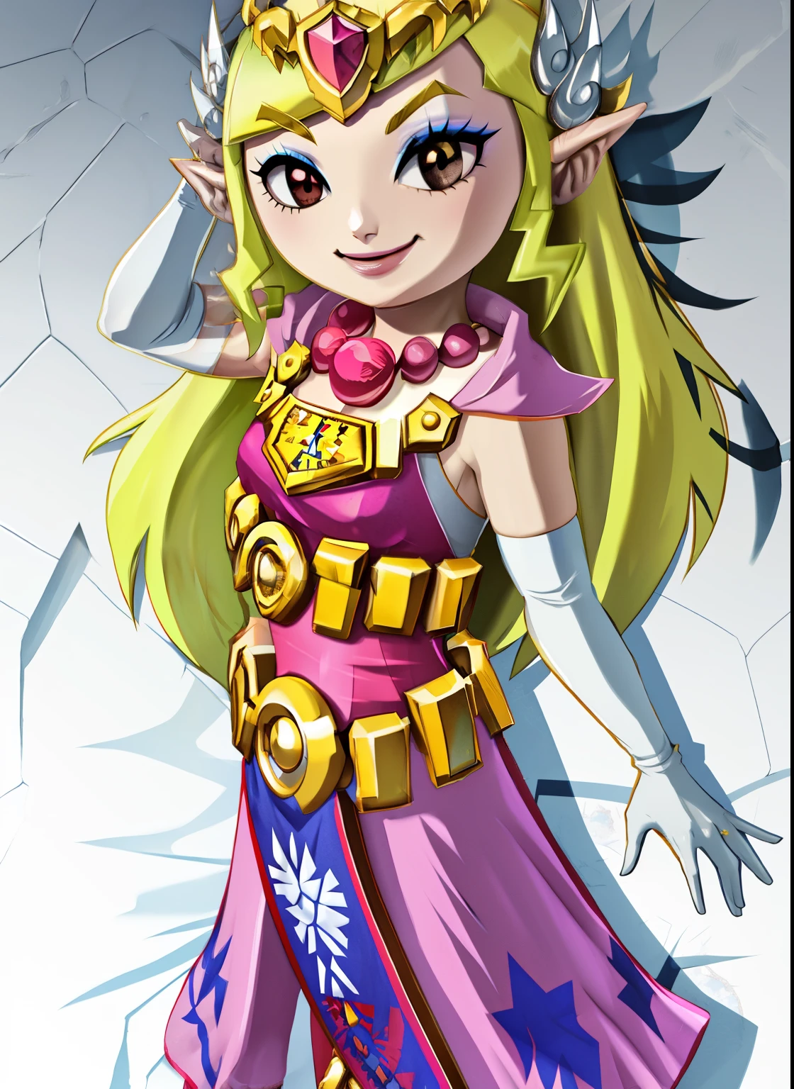 toon zelda, 1girl, solo, long hair, smile, blonde hair, gloves, dress, jewelry, pointy ears, long white elbow gloves, belt, necklace, black eyes, makeup, tiara, eyeshadow, sexy poses