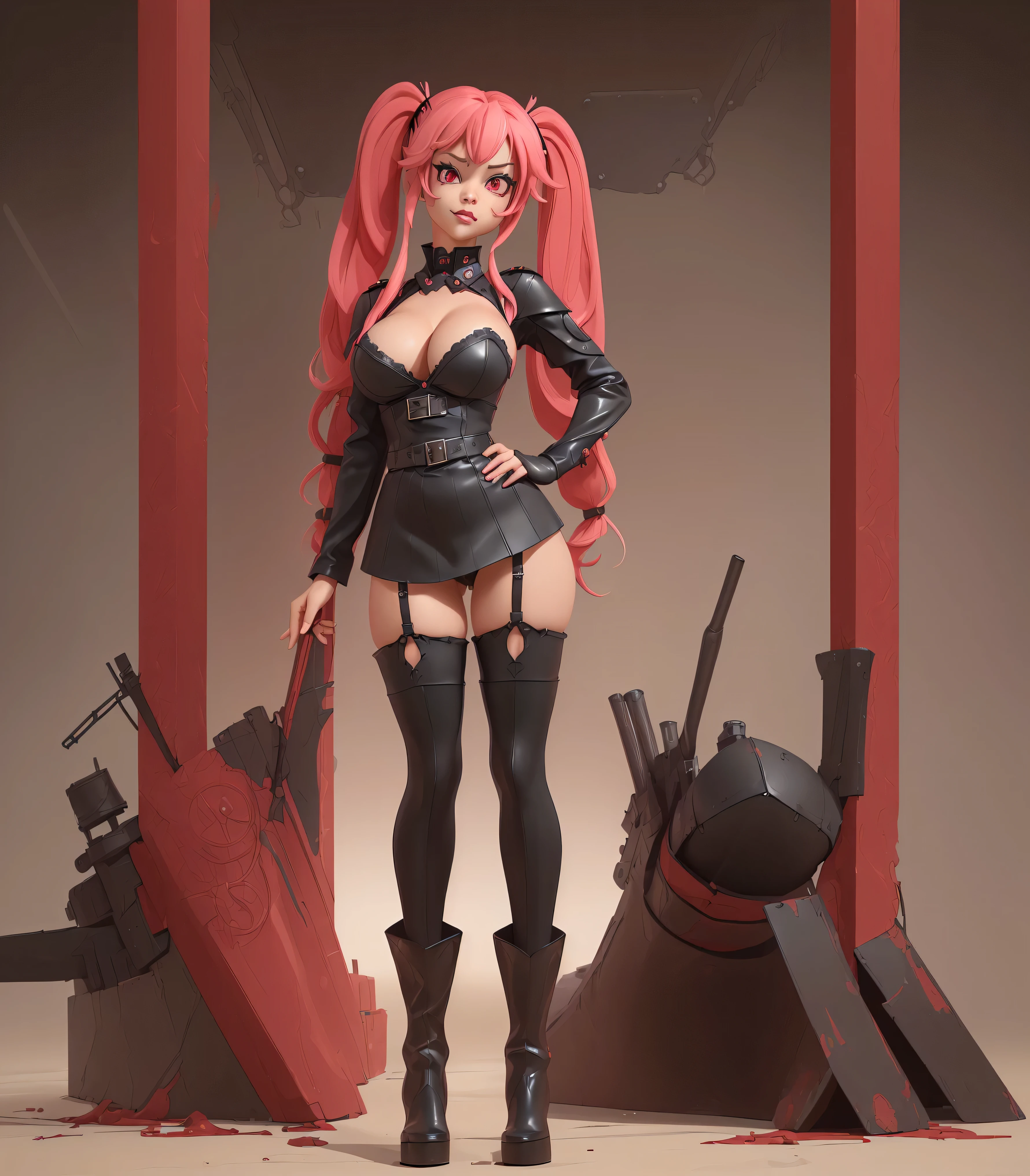 (((masterpiece、top-quality、hight resolution)))、
Original outfit, military outfits, ((1girl in)), long pink hair, pigtails, black sexy armour, cute face, perfect long legs, (standing), full body, black leather boots, stockings, cleavage, stockings, on a battleship, red eyes, blood on face, cute face, sinister look, lingerie