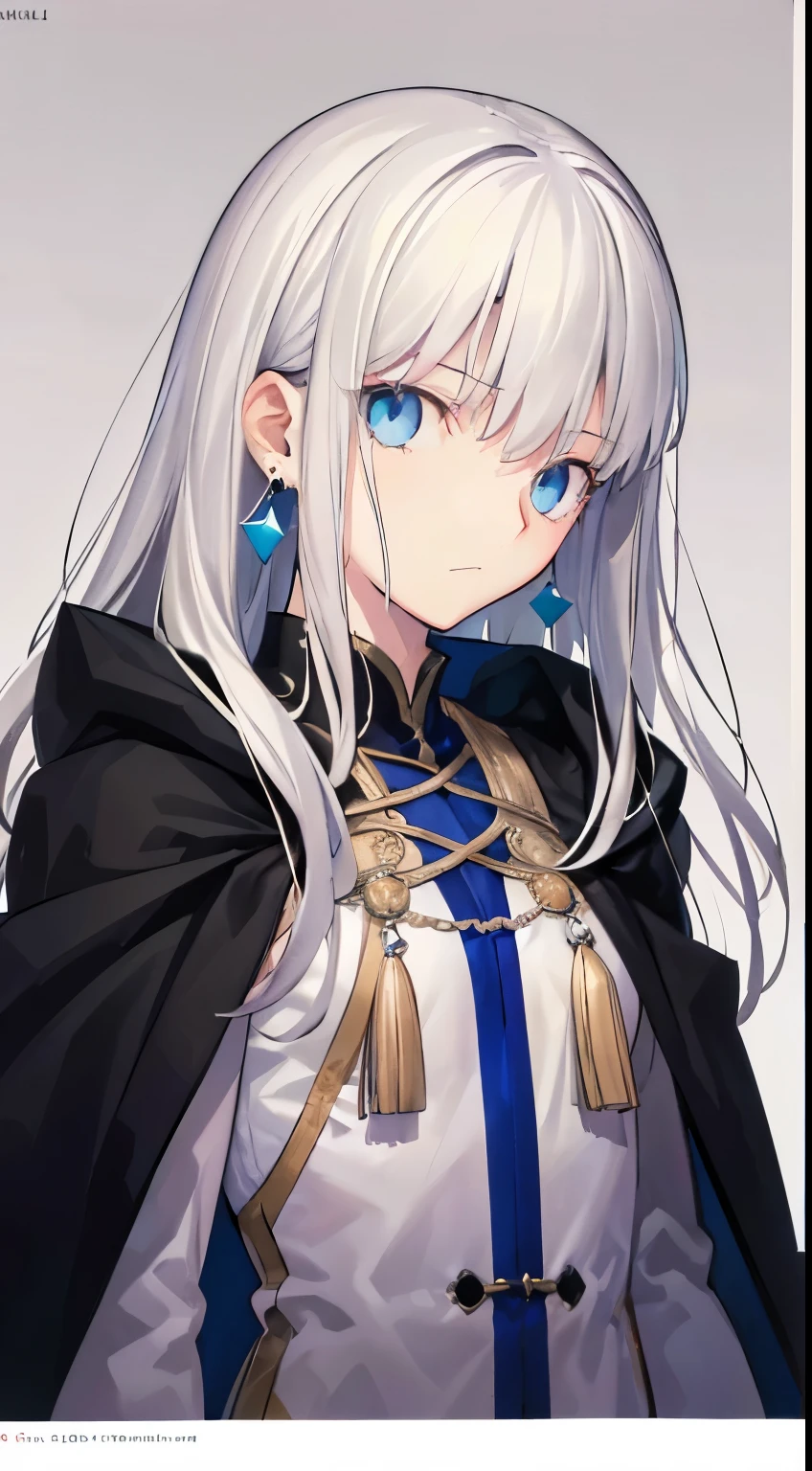 ((One girl with a suspicious man))、big empty blue eyes, petite and slender, ((gray hair,)),(half up long hair), In 8K, top quality, (highly detailed head: 1.0), (very detailed face: 1.0), (highly detailed hair: 1.0),((flashy black magic robe))、 black earrings, Detailed official artwork, clean detailed anime art,sex appeal, cool look