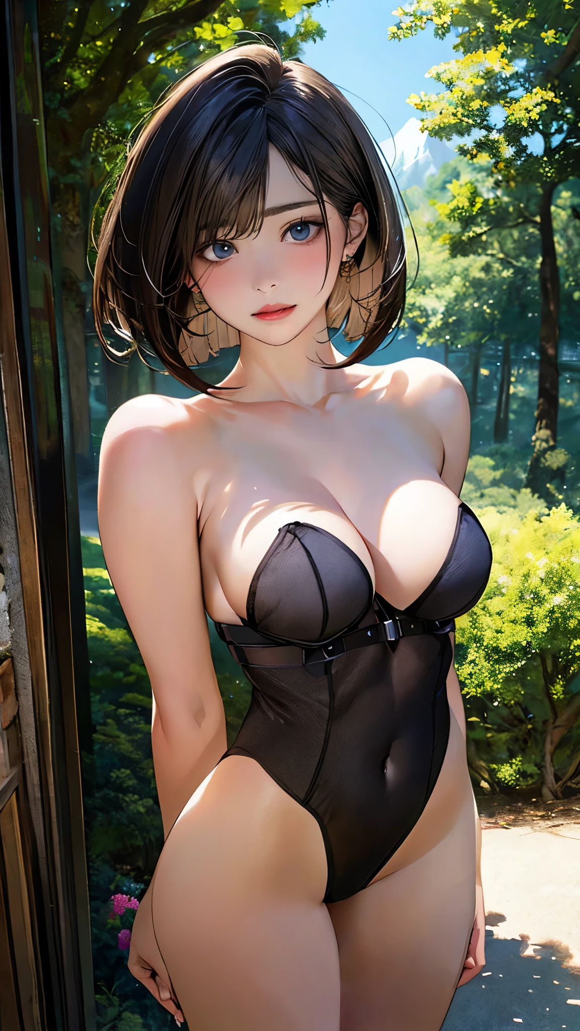 (masterpiece:1.2, top-quality), (realistic, photorealistic:1.4), beautiful illustration, (natural side lighting, movie lighting),
looking at viewer, cowboy shot, front view, close-up:1.5, 1 girl, solo, japanese, high school girl, perfect face, cute and symmetrical face, shiny skin,
(short hair:1.2, bob cut:1.2, light brown hair), hairline, asymmetrical bangs, blue eyes, long eyelasher, (large breasts:0.9, thick thighs),
beautiful hair, beautiful face, beautiful detailed eyes, beautiful clavicle, beautiful body, beautiful chest, beautiful thigh, beautiful legs, beautiful fingers,
((bondage leotard)),
(beautiful scenery), evening, beautiful forest, walking, (astonished, upper eyes),
