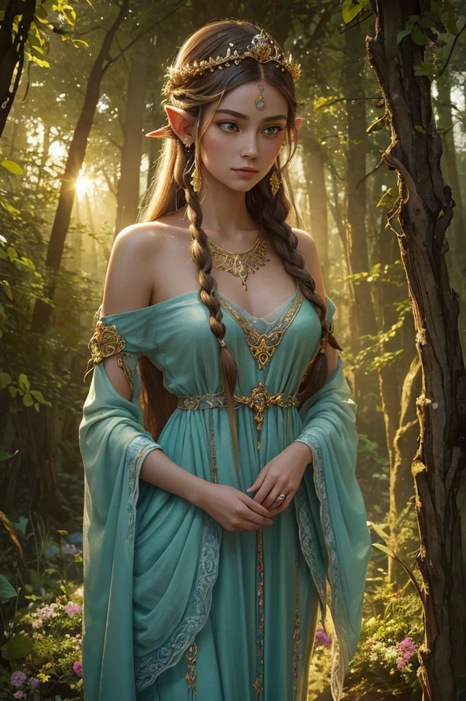 A beautiful girl with pointed ears and elegant features,
soft glowing eyes,
long flowing hair with intricate braids,
delicate facial tattoos that shimmer in the light,
wearing a crown made of vibrant flowers,
dressed in a flowing gown made of ethereal fabric,
standing in a magical forest bathed in golden sunlight,
surrounded by blooming flowers and enchanting creatures,
capturing the essence of a mystical realm,
evoking a sense of tranquility and enchantment,
created with the medium of oil painting,
best quality and ultra-detailed,
realistic and photorealistic,
with vivid colors and sharp focus,
enhanced by the use of studio lighting,
from an elven art book,
with a color palette of earthy tones and soft pastels,
illuminated by the warm glow of the setting sun.