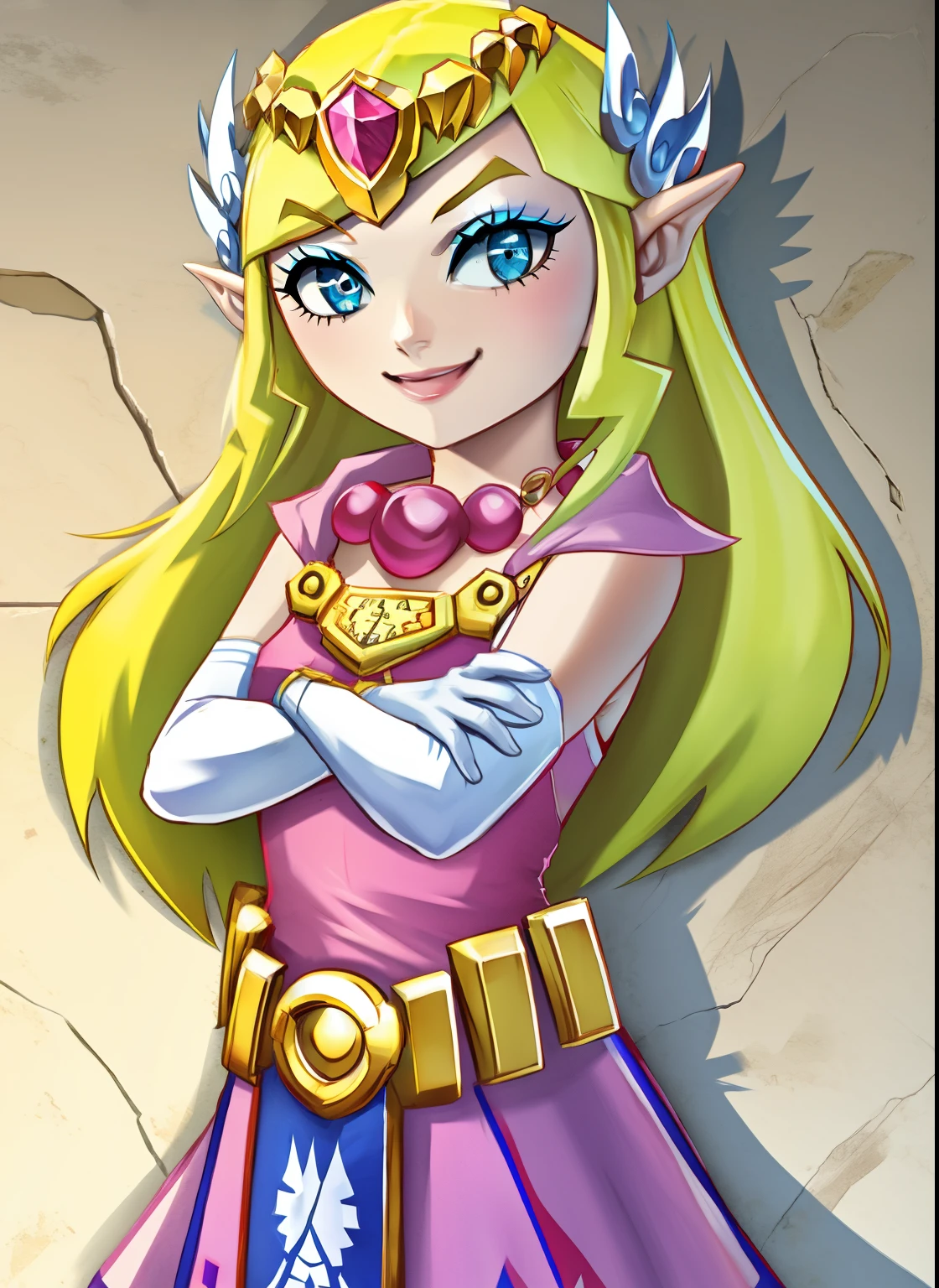 toon zelda, 1girl, solo, long hair, smile, blonde hair, gloves, dress, jewelry, pointy ears, long white elbow gloves, belt, necklace, blue eyes, makeup, tiara, eyeshadow, sexy poses