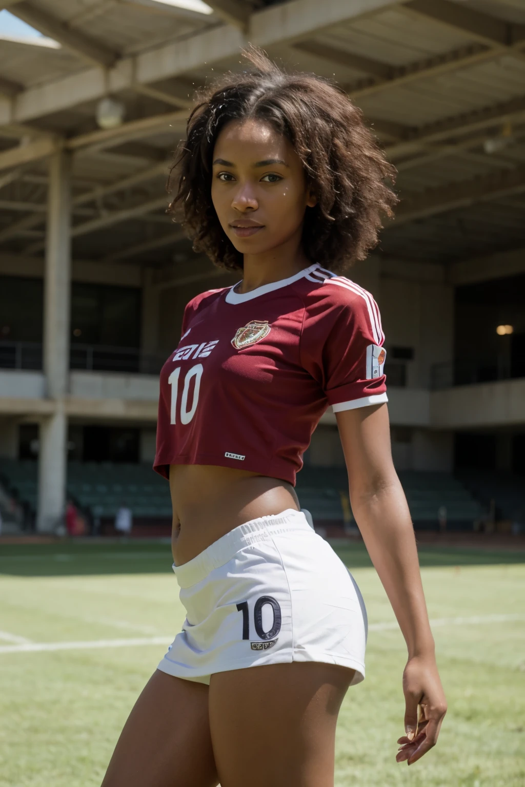 photo of a skinny african female model with an afro, wearing a soccer shirt and short skirts, in a soccer arena