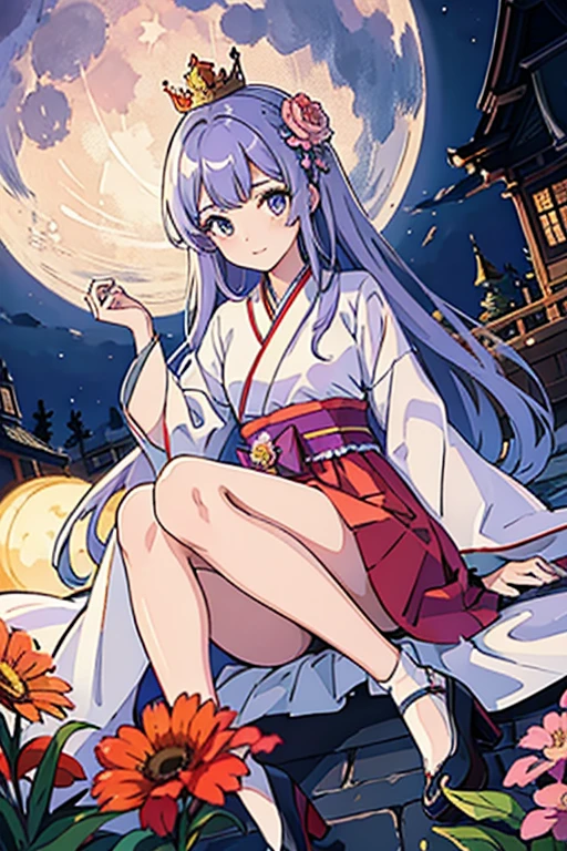 highest quality, expensive_solve, clear_image, detailed background ,girl, Hanbok,flower,garden,moon, night,dutch angle, wide shot, crown,