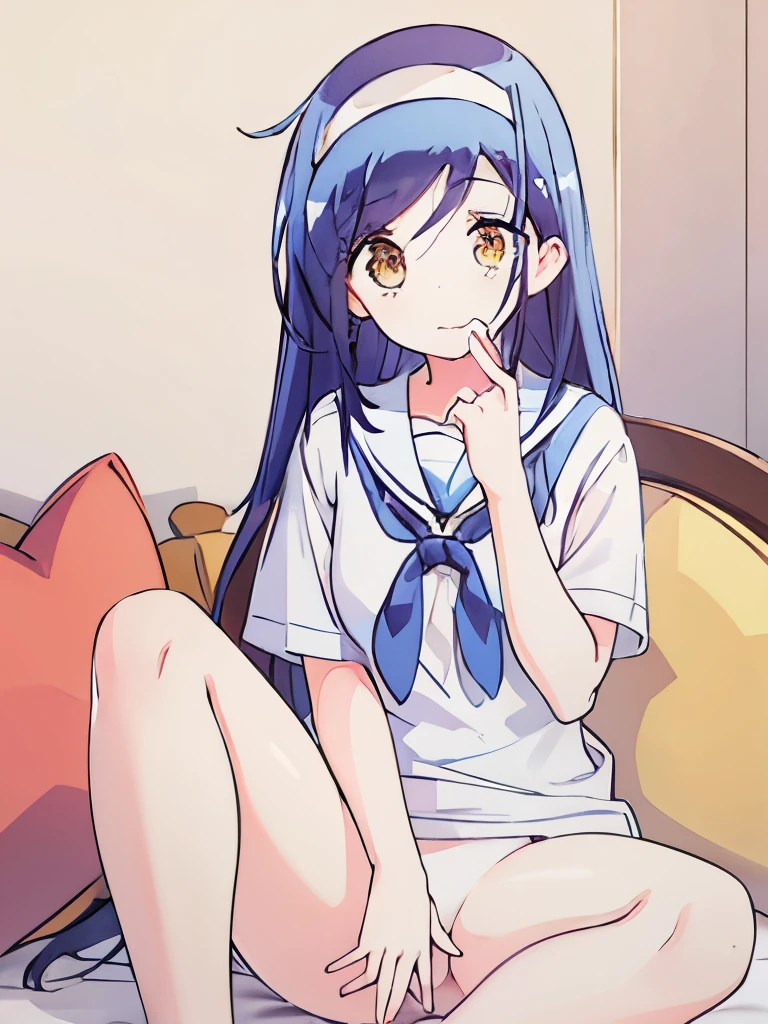 ((masterpiece)), ((best quality)), (ultra-detailed), on the bed, a cute girl, 1girl, solo, sailor suit, ((beautiful eyes)), パンツの着用