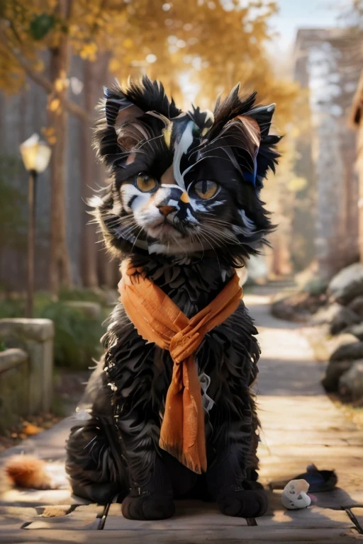 (best quality, highres, masterpiece:1.2), ultra-detailed, blind-born cat, sitting on a pathway, emerging from the forest, on a sunny day, illustrations, vibrant colors, realistic lighting, detailed fur texture, enchanting scenery, improve feline features
