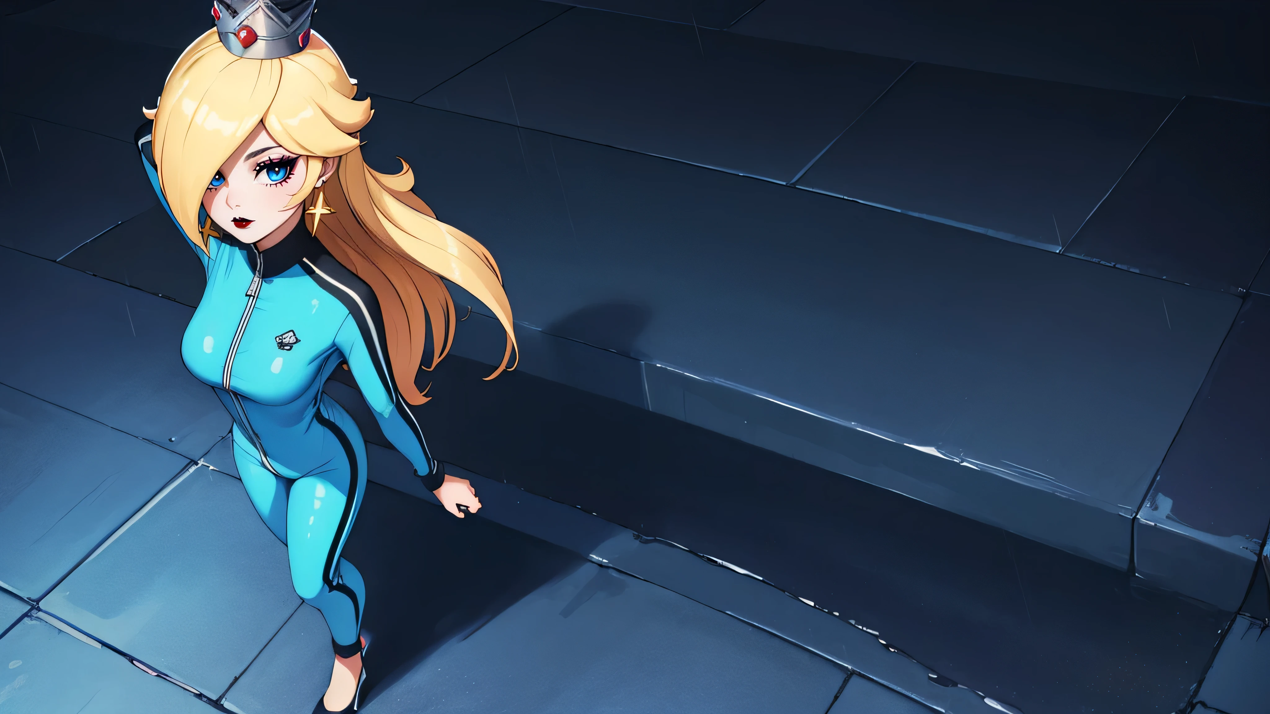 ((high detailed, best quality, 4k, masterpiece, hd:1.3)), BREAK night, moonlight, landscape, it's raining, raining, a full-length shot of Rosalina standing posing under the rain, BREAK neon blue eyes, seductive, attractive, sexy smile, smiling, smooth anime cg art, 36C breasts, (long fitness legs), vivid colors, detailed digital art, slim body, perfect skin, wet blonde hair, wet long hair, wet hair, BREAK crown, BREAK looking at viewer, extremely detailed face, (blue jumpsuit), (Jumpsuit:1.5), (blue racing suit), (racing suit:1.5), (blue high heels), full body, earrings, gem, dark gothic eyeshadows, dark eyeshadows, black eyeshadows, black_sexy_lips, black lips, dark lips, gothic painted lips, dark_red_lips, very dark lips, red_painted_lips, (very thin lips), thin lips, detailed lips, (dark:1.2), (perfect hands, perfect anatomy), black makeup, detailed fingers, five fingers per hand, 5 fingers, (1 girl), (solo:1.3), (from above:1.3), (hands behind head:1.3),