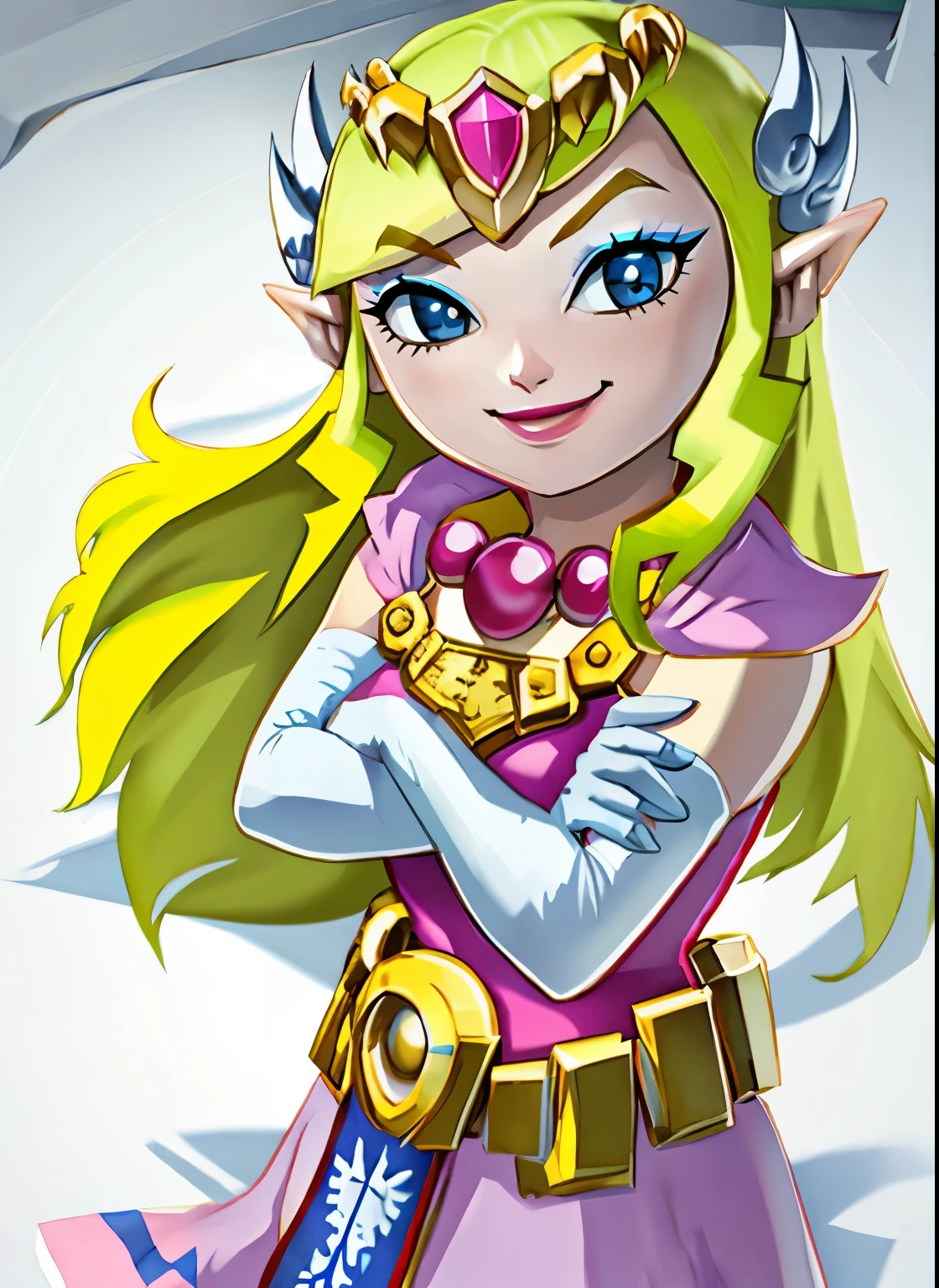 toon zelda, 1girl, solo, long hair, smile, blonde hair, gloves, dress, jewelry, pointy ears, long white elbow gloves, belt, necklace, blue eyes, makeup, tiara, eyeshadow, sexy poses