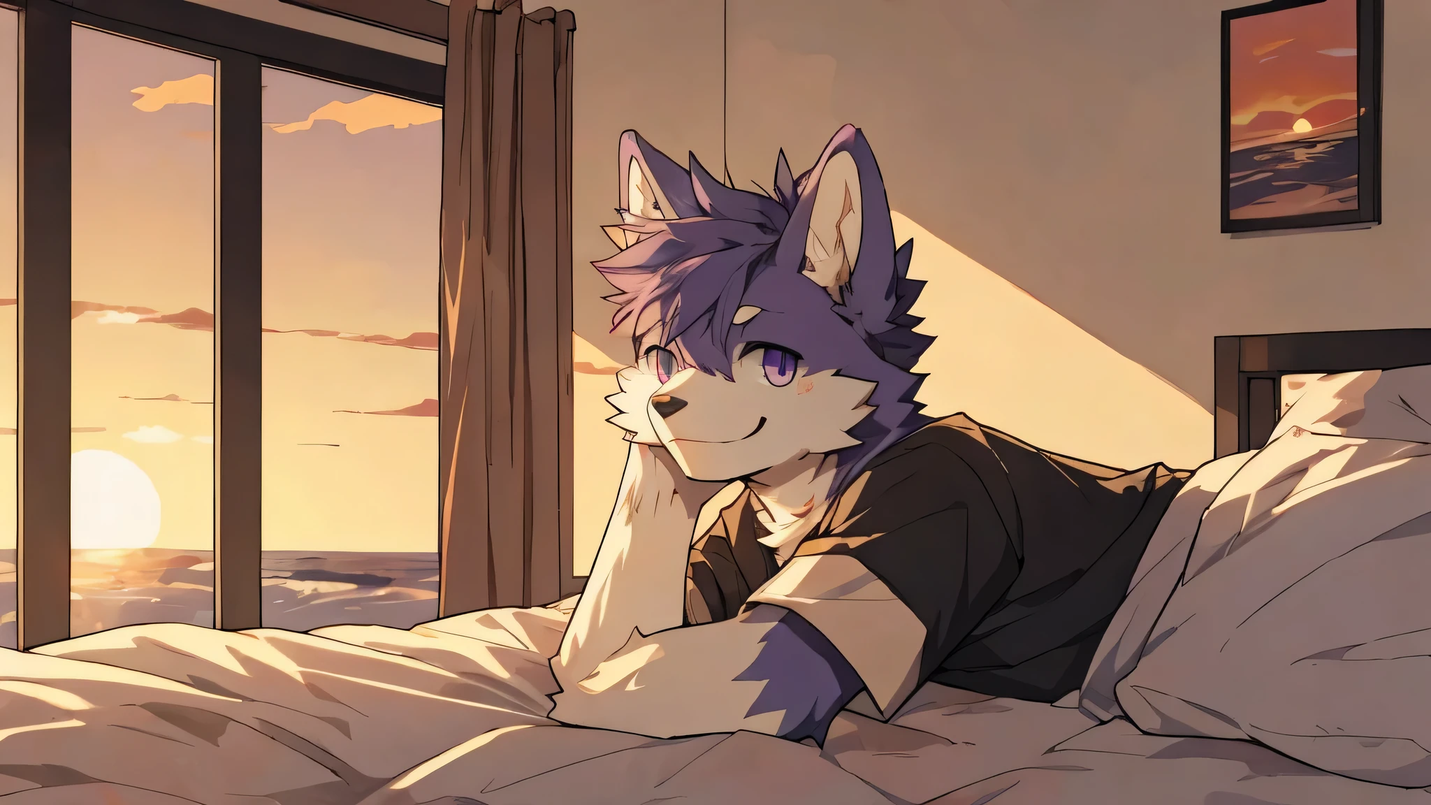 furry,fur,body fur,alone,male,(Smile),((Room,Sunset)),short sleeves,Character focus, fur, purple,rest,It's okay,purple眼睛,charming