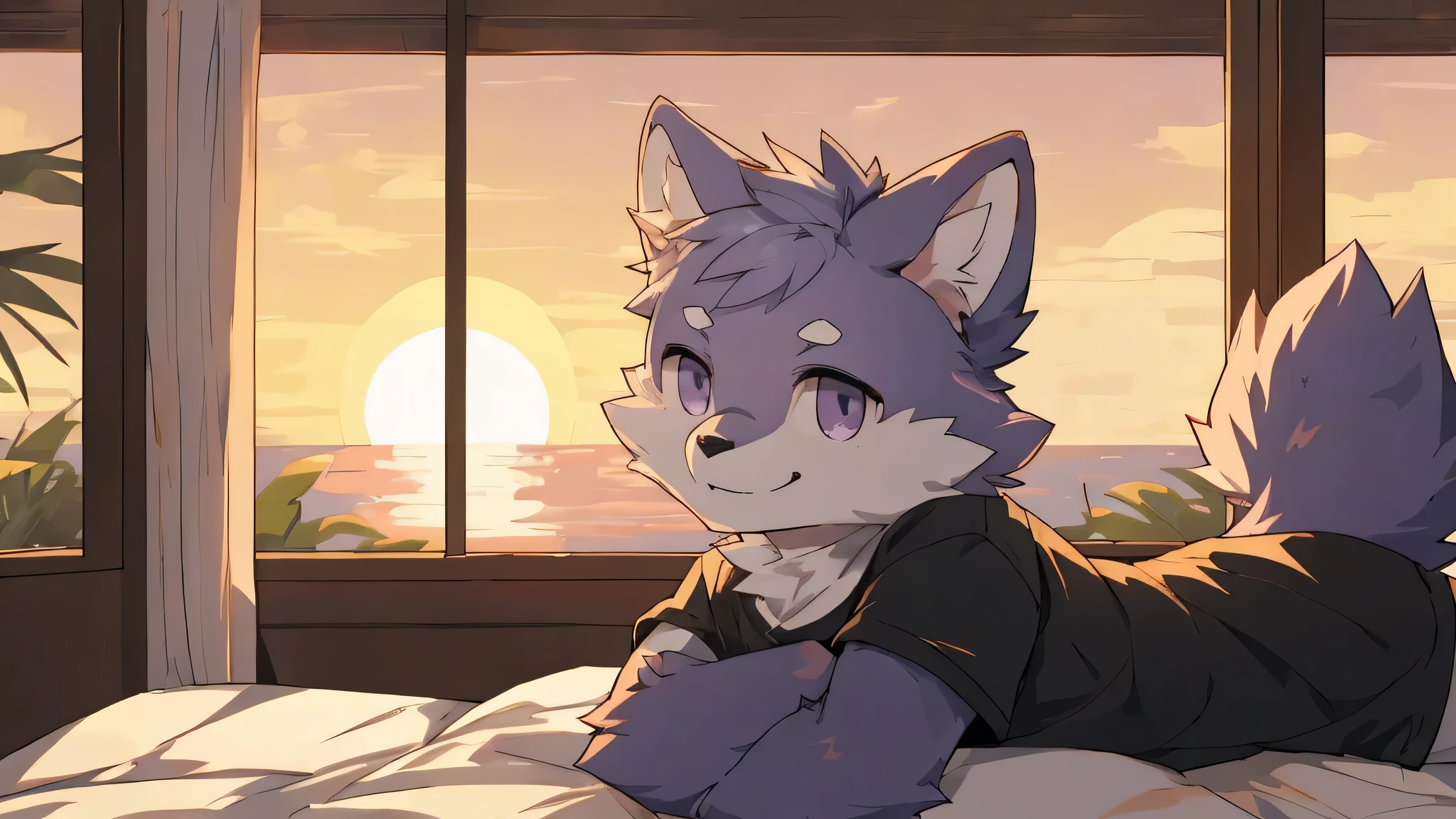 furry,fur,body fur,alone,male,(Smile),((Room,Sunset)),short sleeves,Character focus, fur, purple,rest,It's okay,purple眼睛,charming
