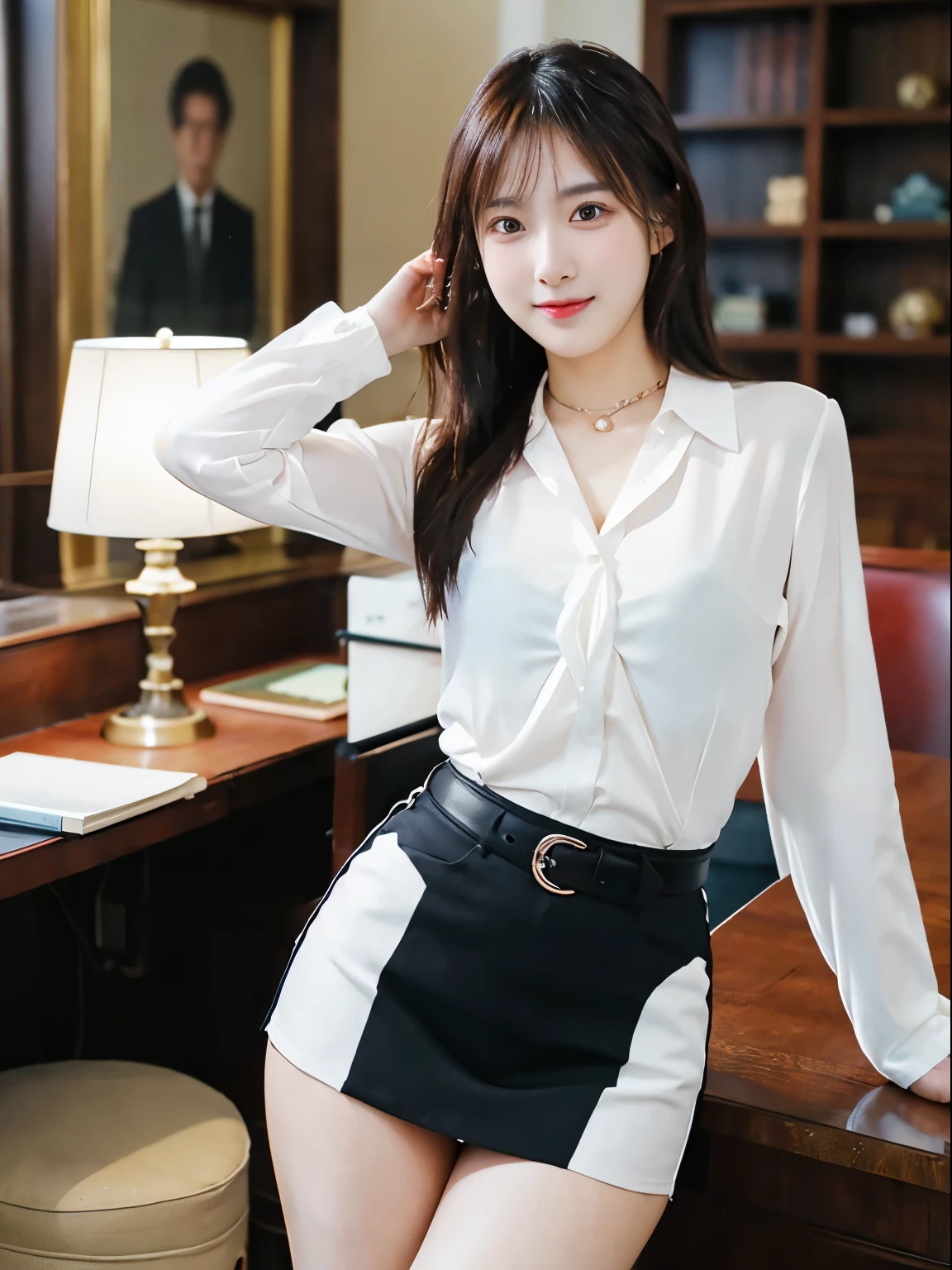A 23-year-old woman wearing a bold miniskirt in a luxurious room, posterior view, Bold poses,Office Suits, Black stockings, garterbelts, No bra and white blouse, choker necklace, ssmile,Young Pretty Gravure Idol, Young Gravure Idol, Young gravure idols, Young skinny gravure idol, sophisticated gravure idol, masutepiece, Best Quality, exceptionally detailed RAW color photo, professional-grade photograph