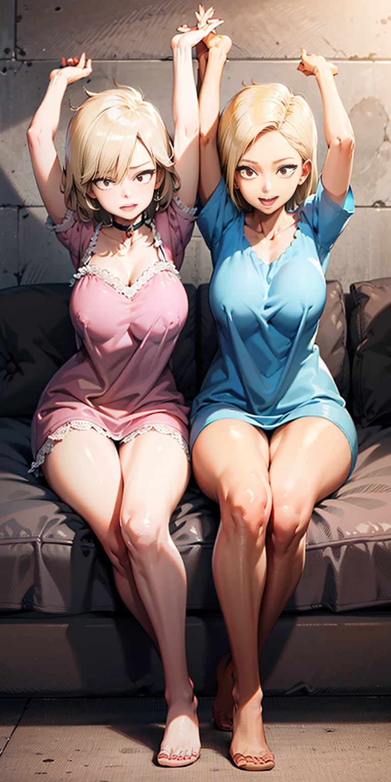 2girls (twins), sitting on red bed , arms raised in the air , front view, cute, android 18, blonde hair, shor hair, wearing pink nightgown