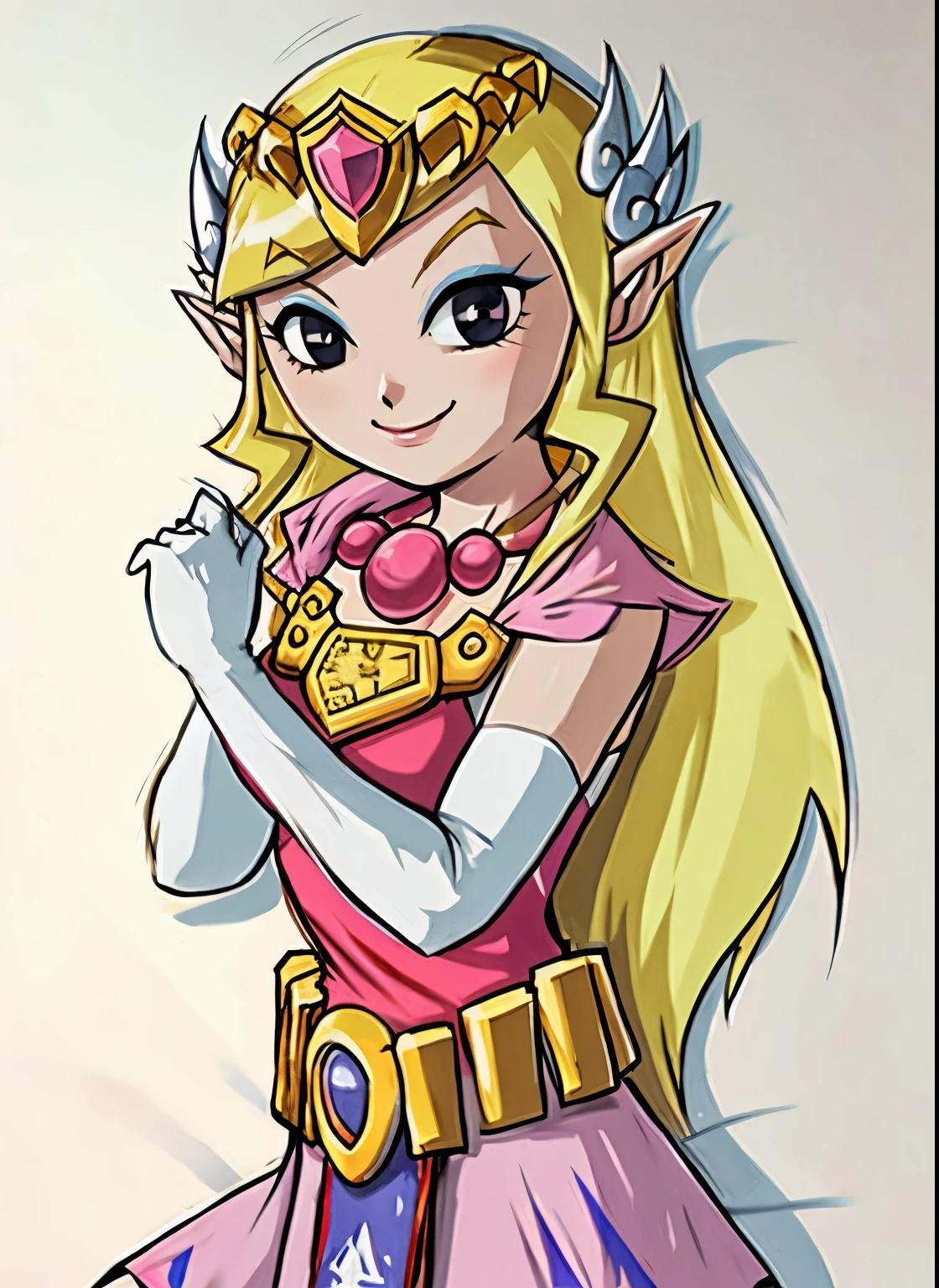 toon zelda, 1girl, solo, long hair, smile, blonde hair, gloves, dress, jewelry, pointy ears, long white elbow gloves, belt, necklace, black eyes, makeup, tiara, eyeshadow, sexy poses