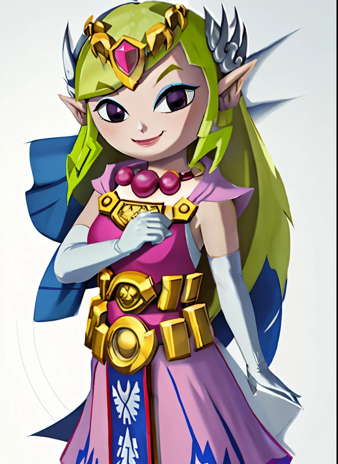 toon zelda, 1girl, solo, long hair, smile, blonde hair, gloves, dress, jewelry, pointy ears, long white elbow gloves, belt, necklace, black eyes, makeup, tiara, eyeshadow, sexy poses