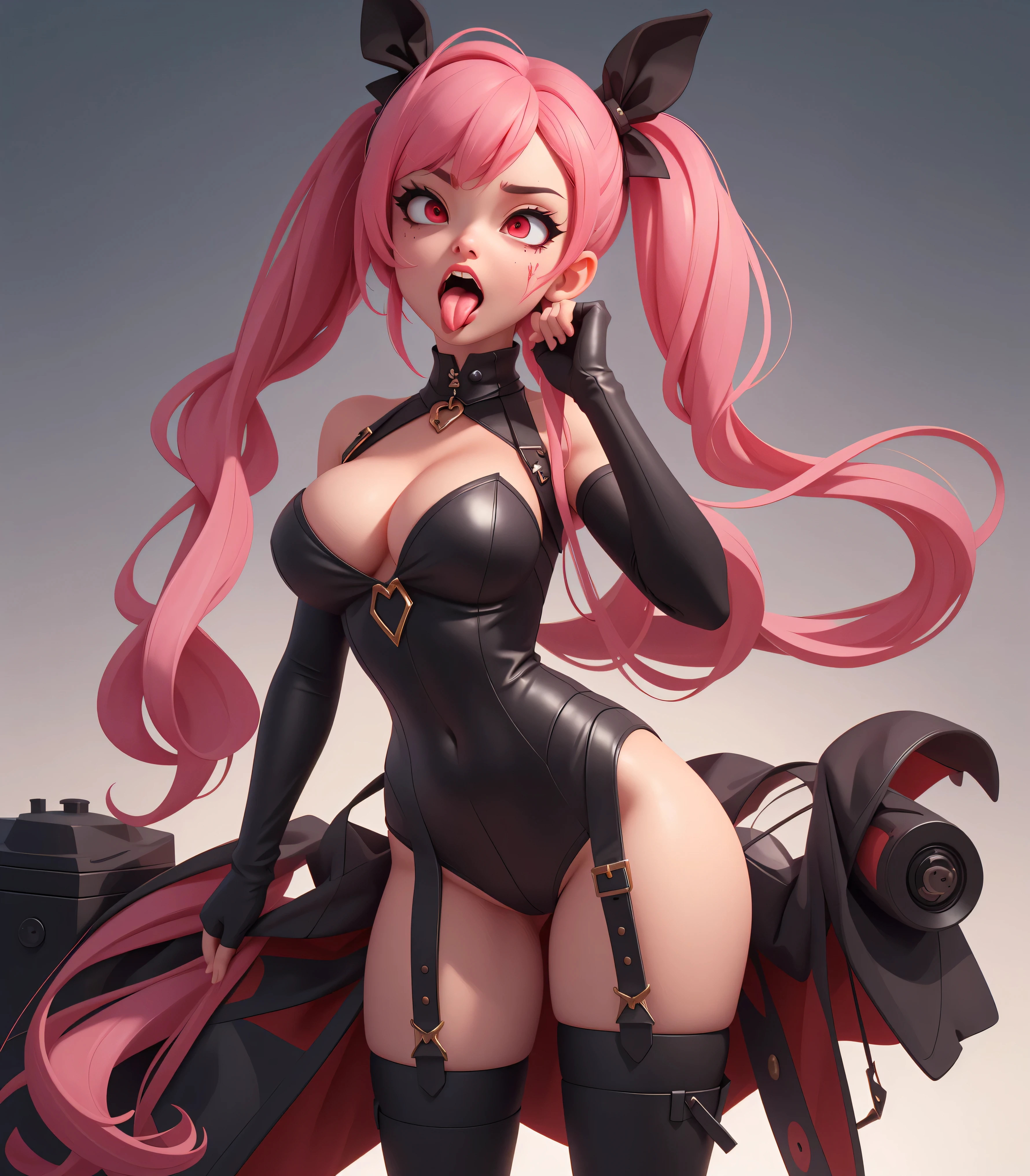 (((​masterpiece、top-quality、hight resolution)))、
Original outfit, military outfits, ((1girl in)), long pink hair, pigtails, black sexy armour, cute face, perfect long legs, (standing), full body, black leather boots, stockings, cleavage, stockings, on a battleship, red eyes, blood on face, cute face, sinister look, (ahegao, tongue out, long tongue, open mouth)