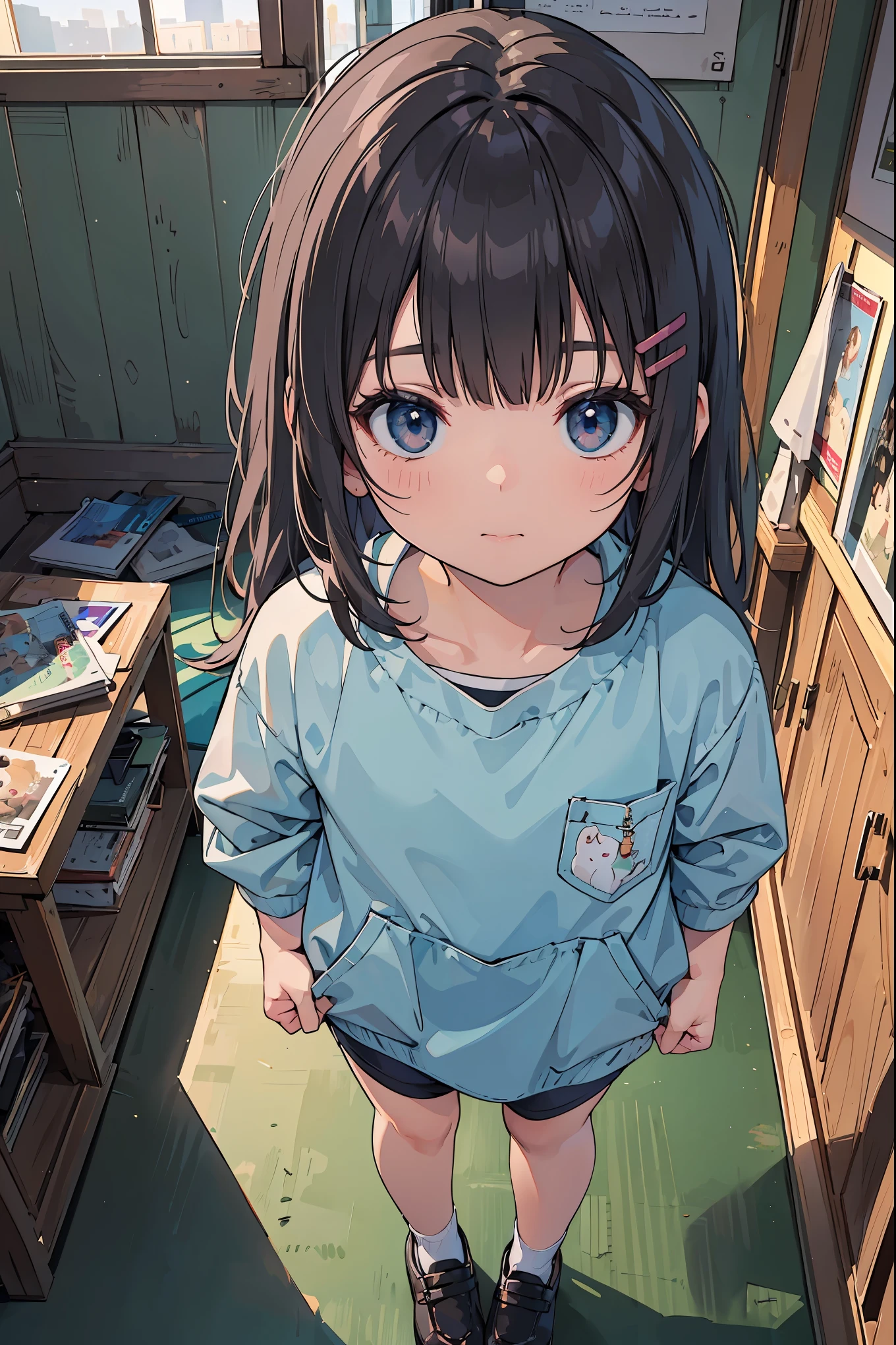 (a masterpiece, highest quality, absolute resolution, extremely realistic work, intricate and meticulously detailed realistic materials and textures and light sources, perfect anatomy),
BREAK
A  walking in a kindergarten, small and cute, a cute face pleading with courage, a hair clip, a person looking up from above,
BREAK